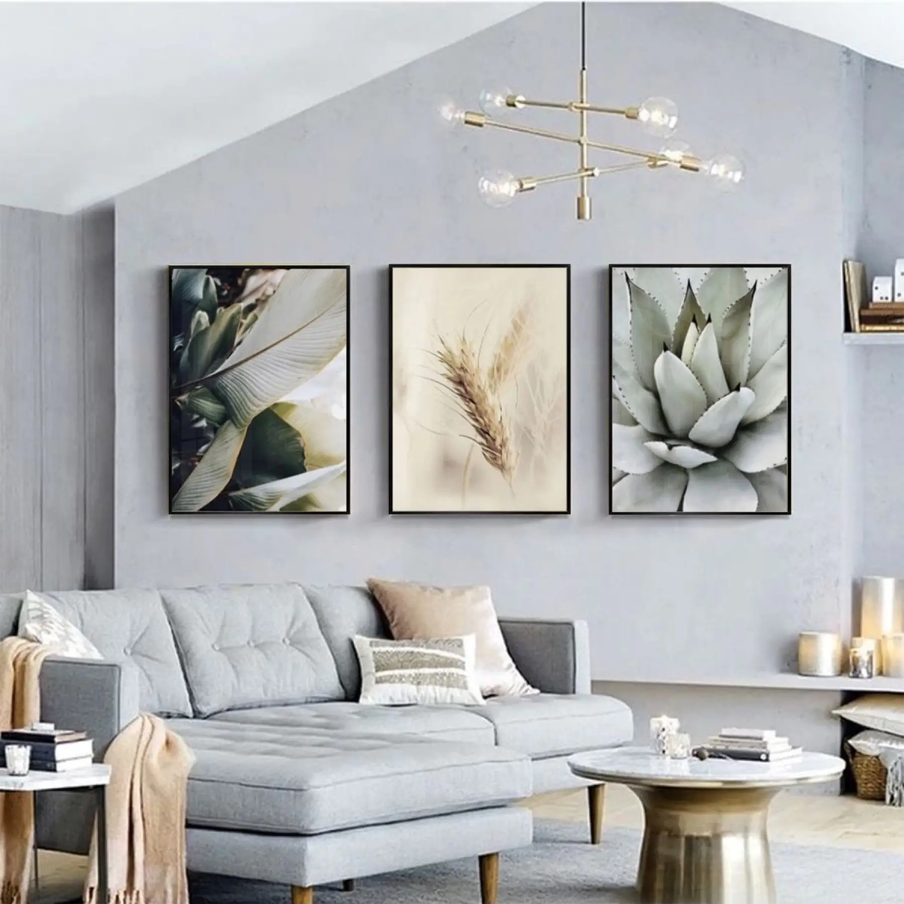 Hasat Zamanı: Sukulent Ve Buğday Başağı Temalı Üçlü Metal Çerçeveli Tablo Seti