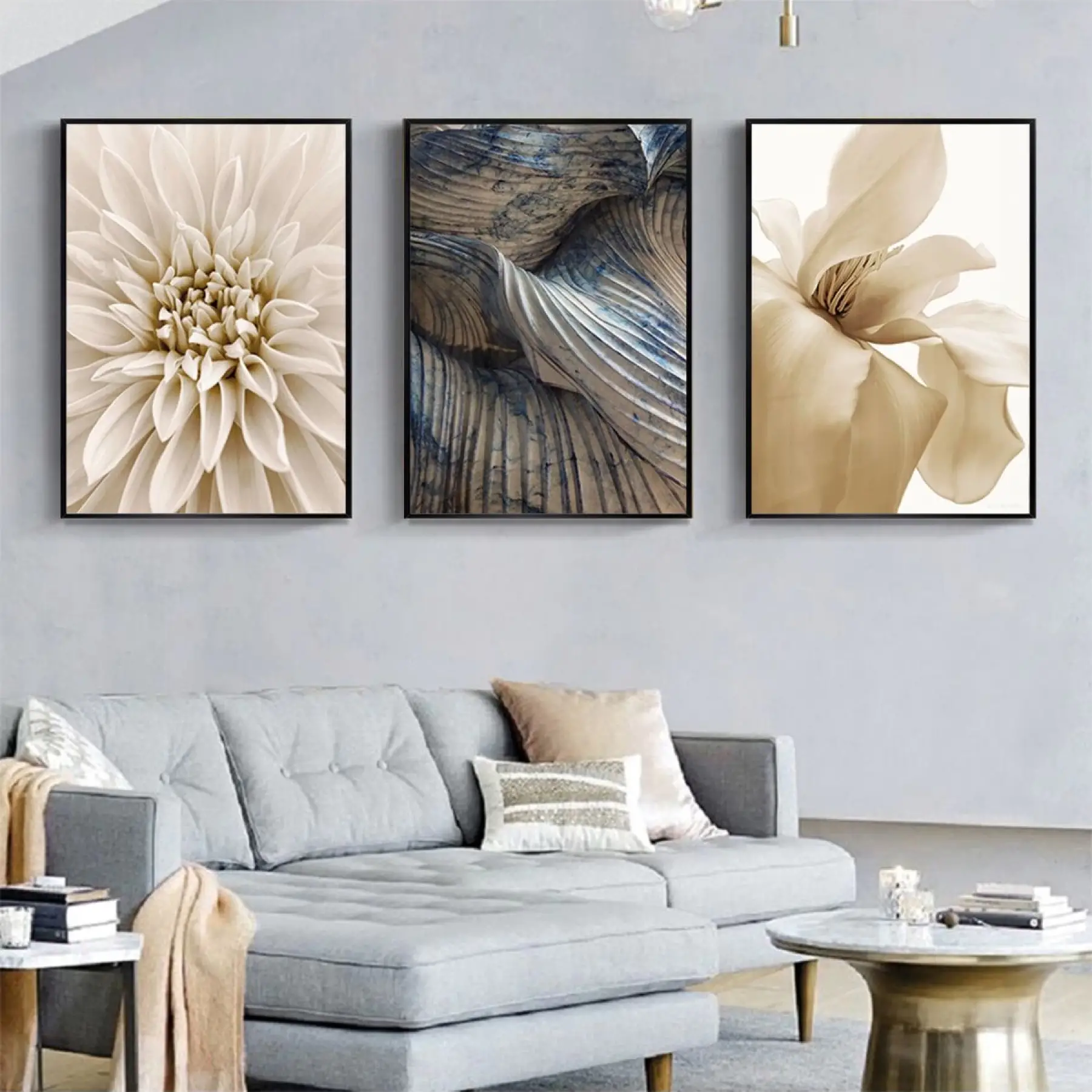 Ev Dekorasyonu İçin Sanatsal Dokunuş: Mermer Ve Çiçek Motifli Üçlü Metal Çerçeveli Tablo Takımı