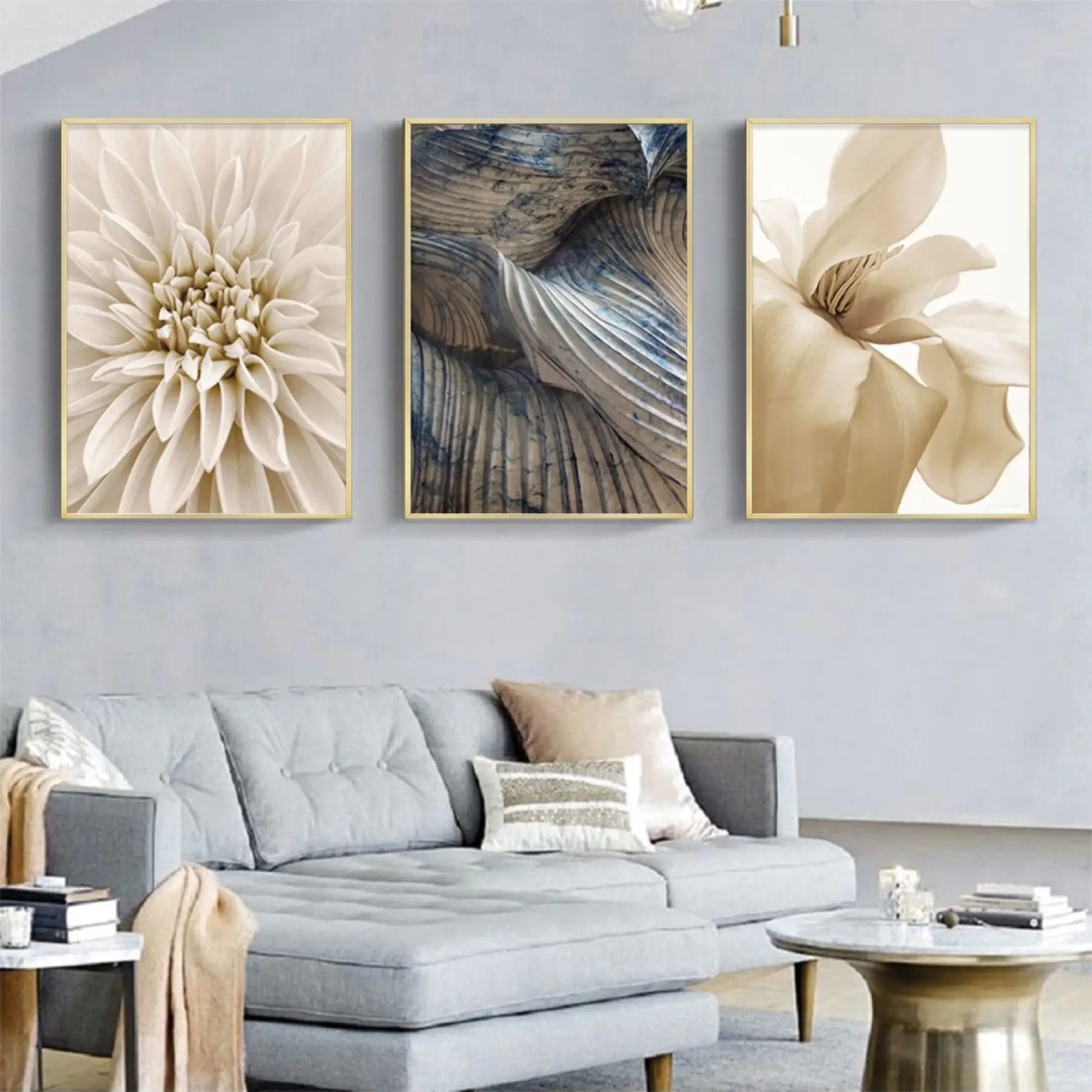 Ev Dekorasyonu İçin Sanatsal Dokunuş: Mermer Ve Çiçek Motifli Üçlü Metal Çerçeveli Tablo Takımı