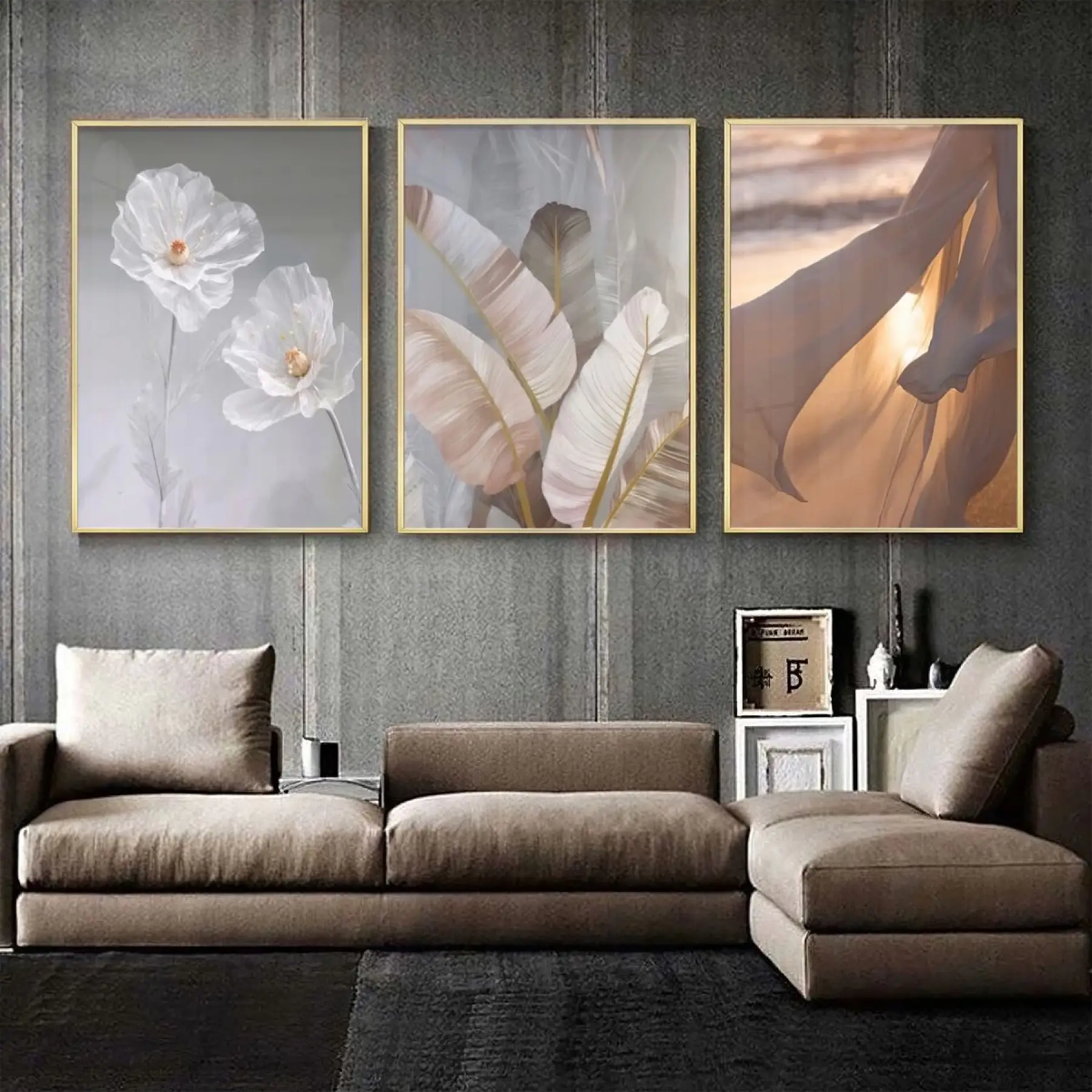 Zarafetin Sanatsal Yansıması: Pastel Yaprak Ve Çiçek Desenleri Üçlü Metal Çerçeveli Tablo Seti