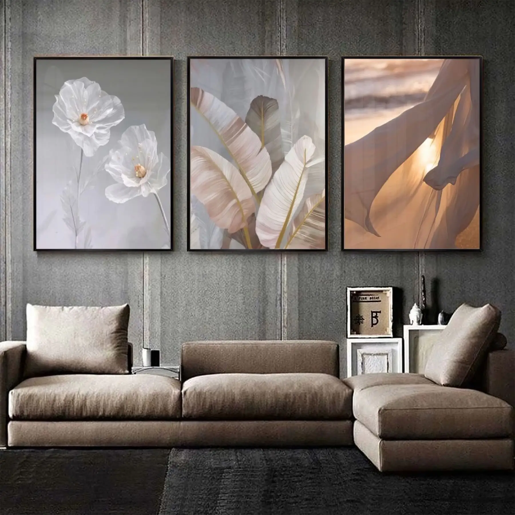 Zarafetin Sanatsal Yansıması: Pastel Yaprak Ve Çiçek Desenleri Üçlü Metal Çerçeveli Tablo Seti