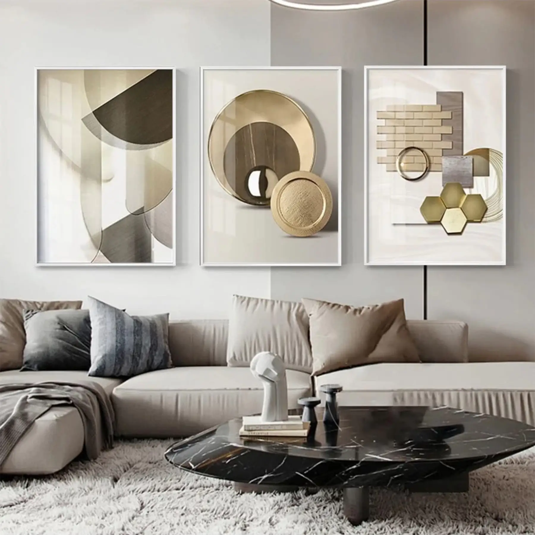 Modern Geometrik Desenli Metal Çerçeveli Üçlü Tablo Takımı