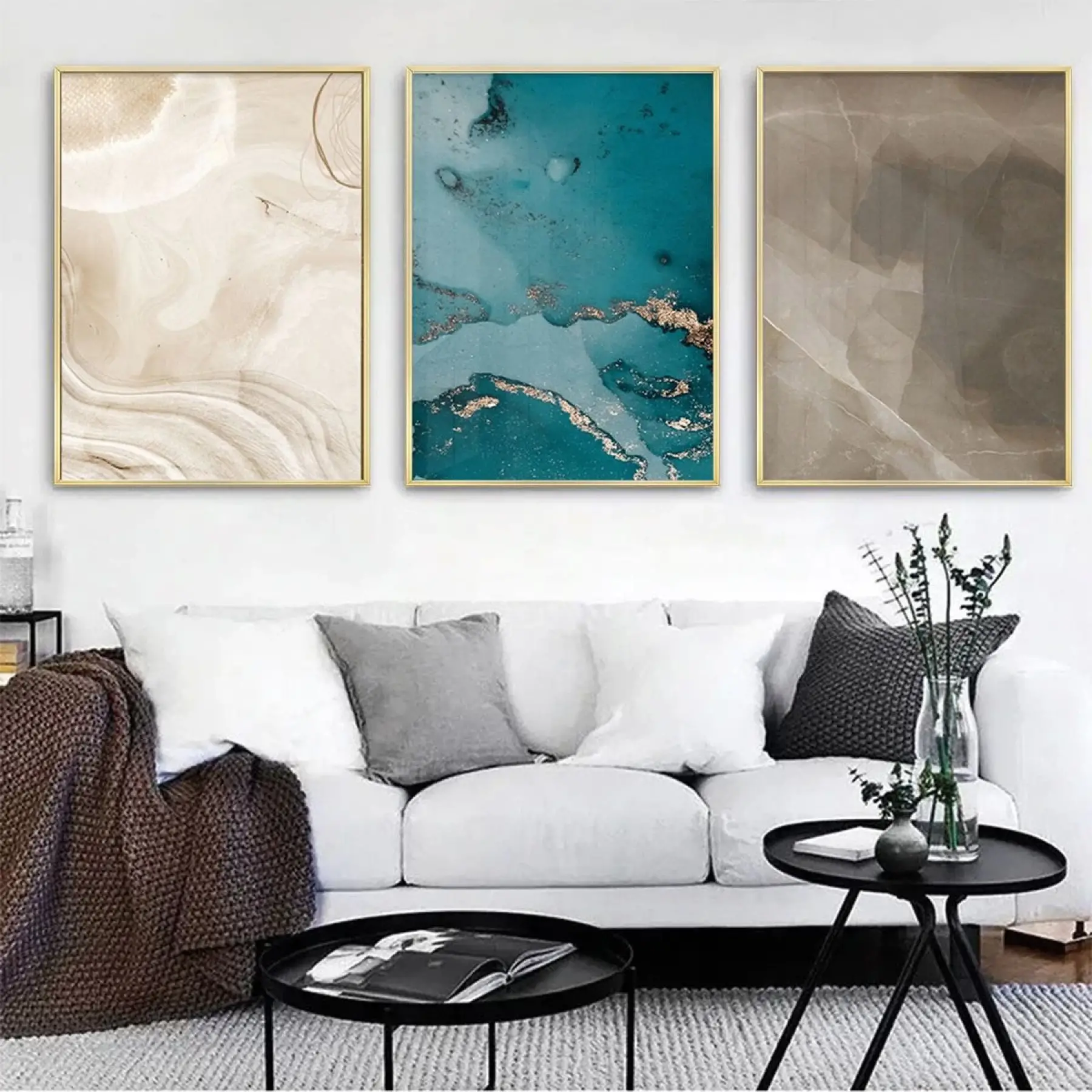 Mermerin Sessiz Dansı: Nötr Tonlar Üçlü Metal Çerçeveli Tablo Seti