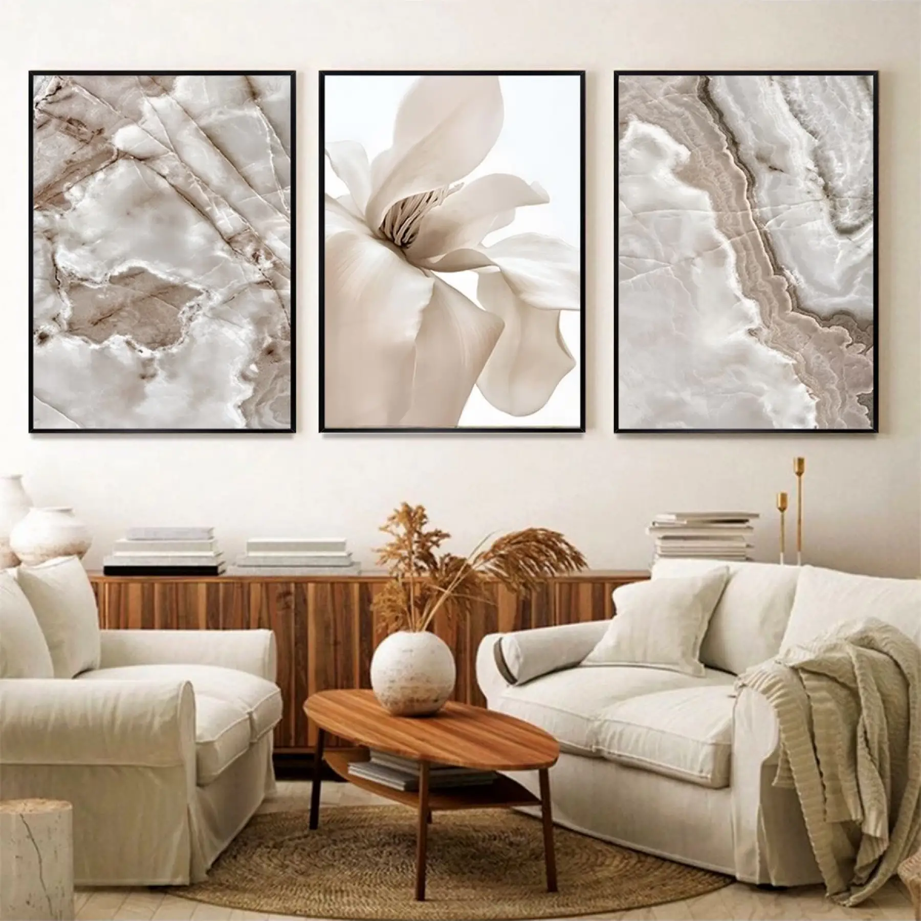 Zerafetin Sessizliği: Beyaz Çiçek Ve Mermer Üçlü Metal Çerçeveli Tablo Seti