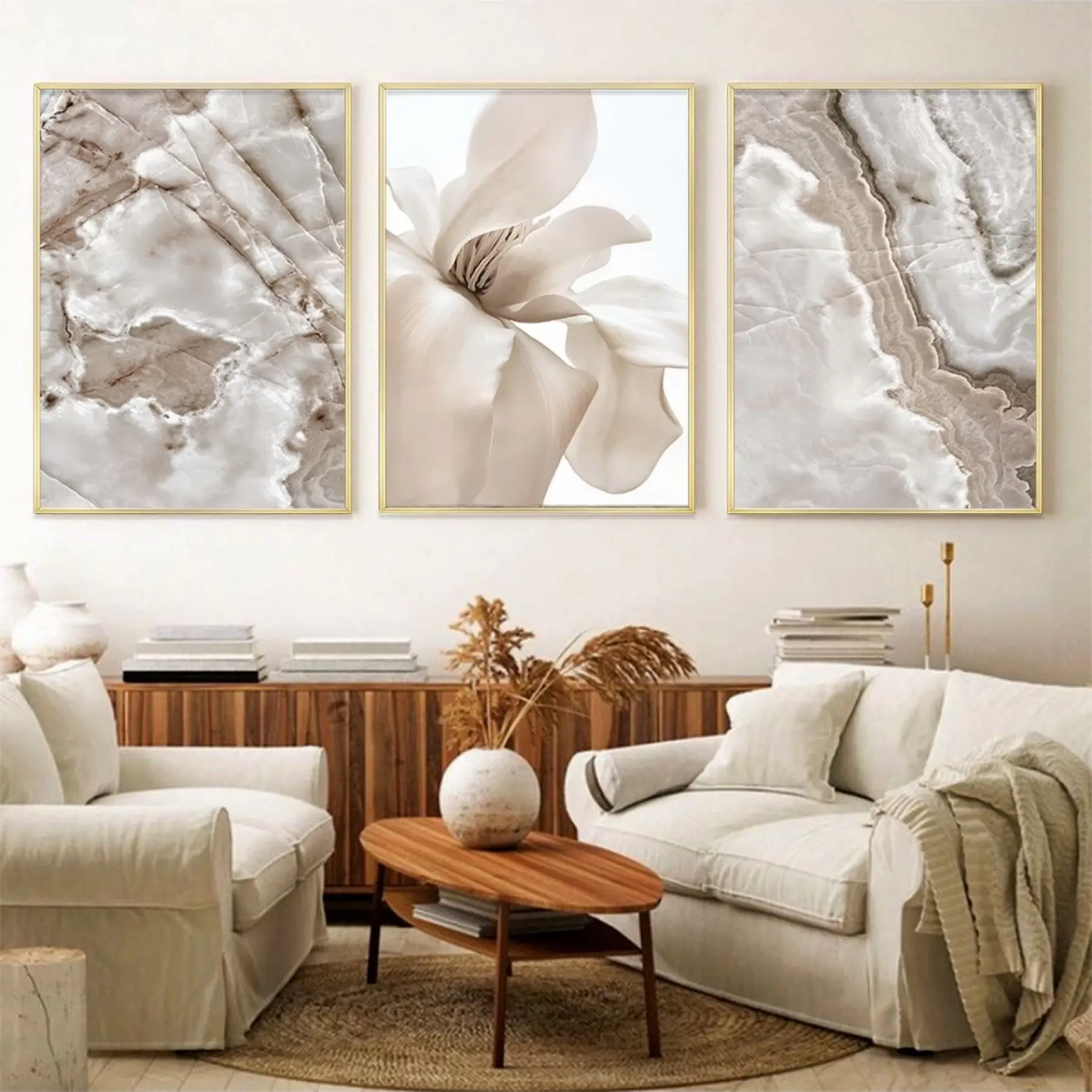 Zerafetin Sessizliği: Beyaz Çiçek Ve Mermer Üçlü Metal Çerçeveli Tablo Seti