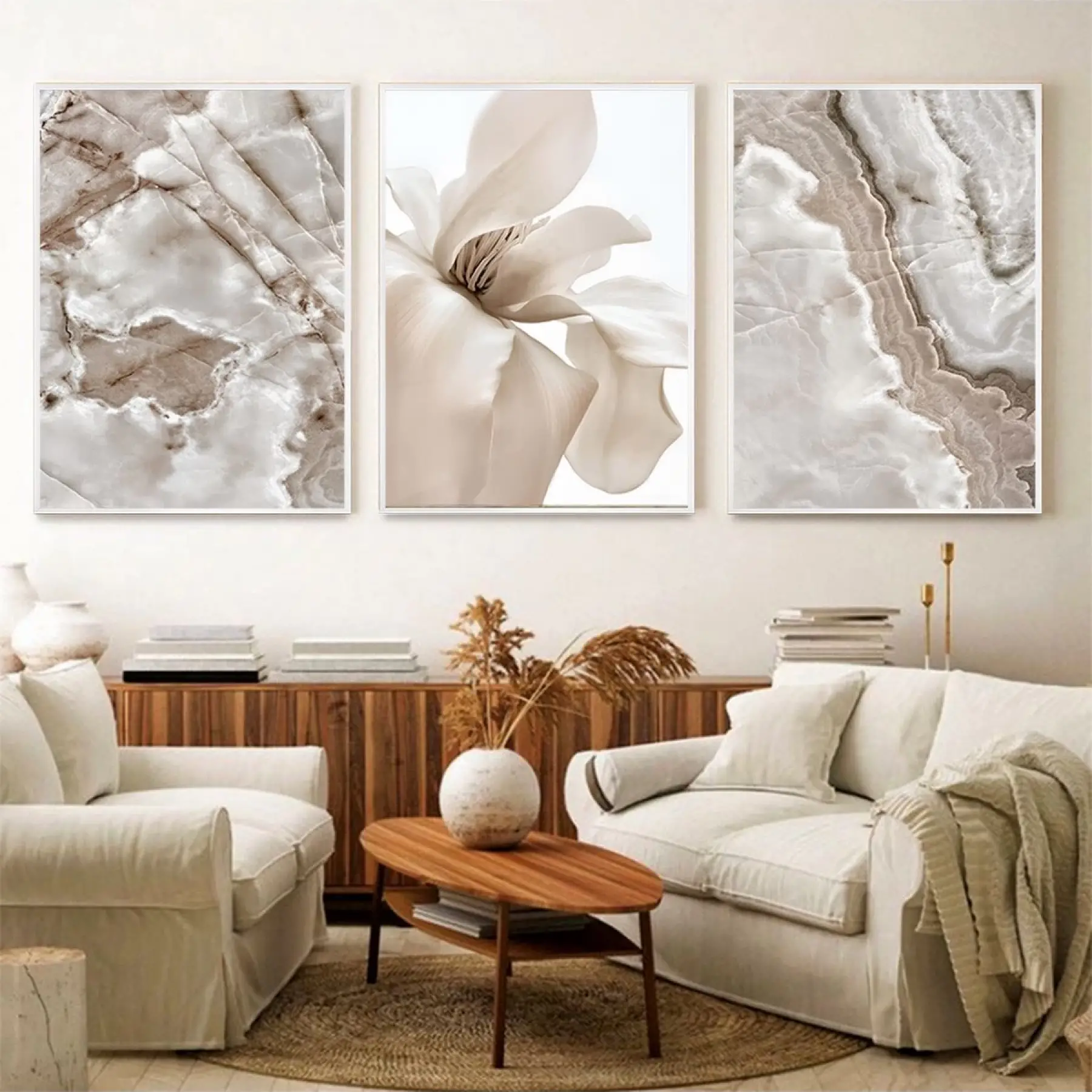 Zerafetin Sessizliği: Beyaz Çiçek Ve Mermer Üçlü Metal Çerçeveli Tablo Seti