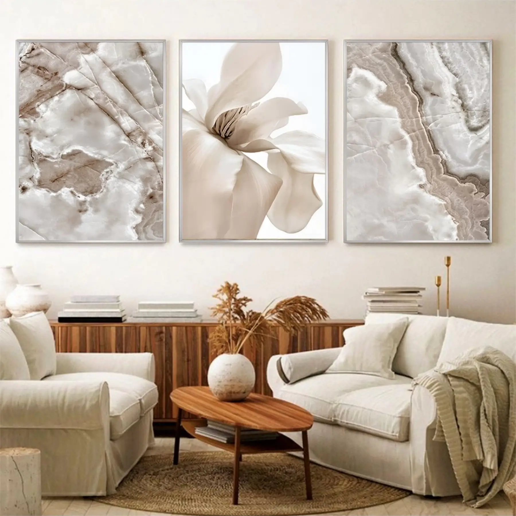 Zerafetin Sessizliği: Beyaz Çiçek Ve Mermer Üçlü Metal Çerçeveli Tablo Seti