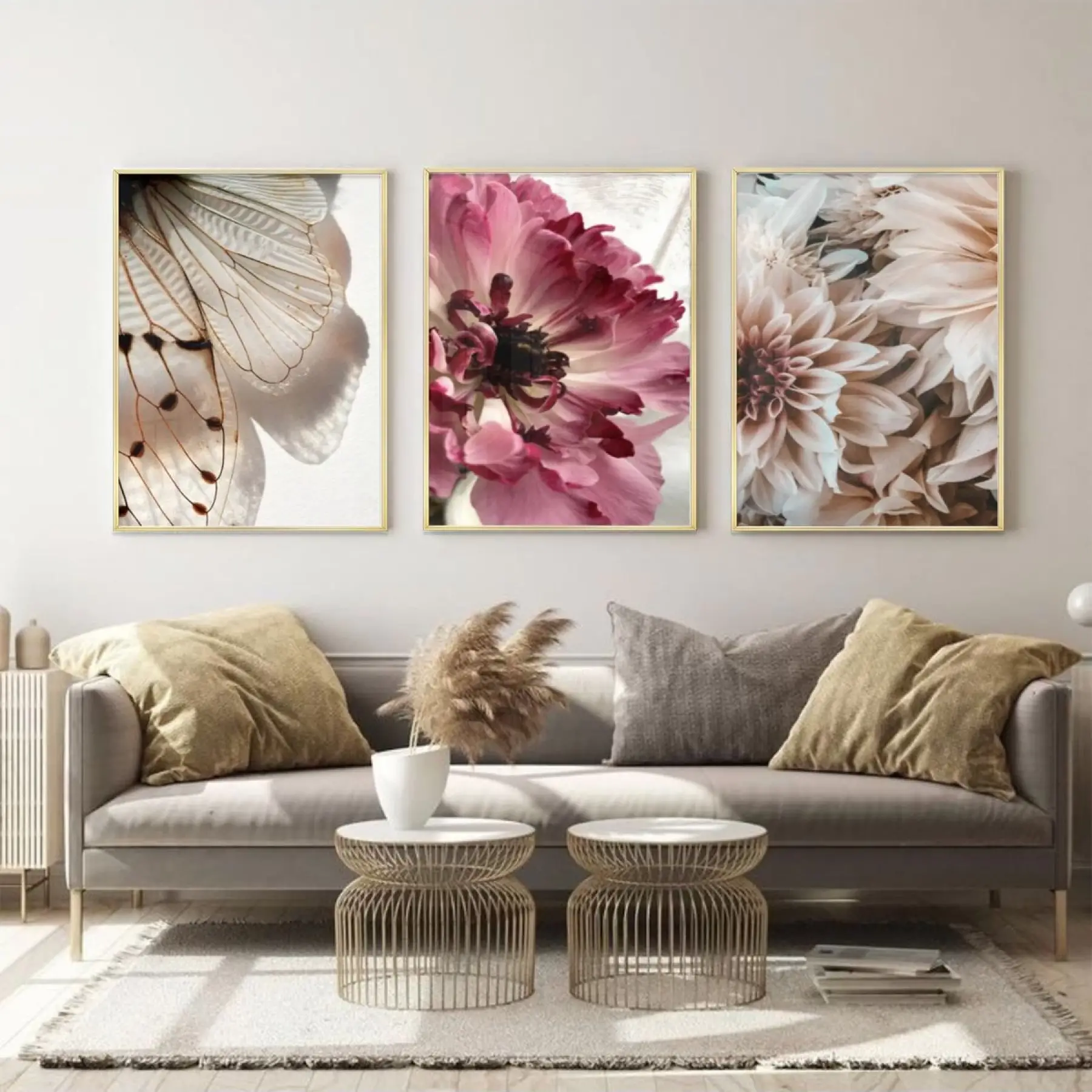 Doğanın Nazik Dokunuşu: Kelebek Ve Çiçek Üçlü Metal Çerçeveli Tablo Seti