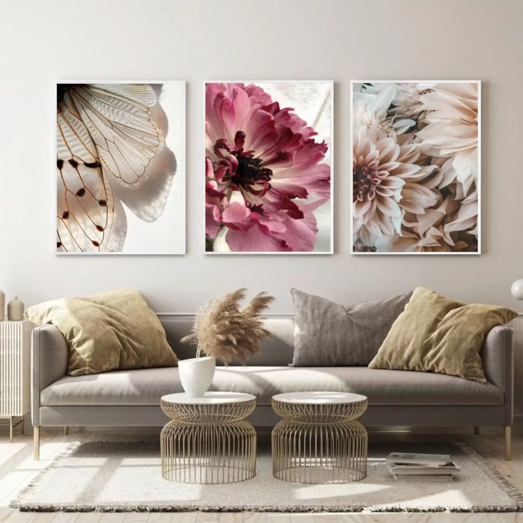 Doğanın Nazik Dokunuşu: Kelebek Ve Çiçek Üçlü Metal Çerçeveli Tablo Seti