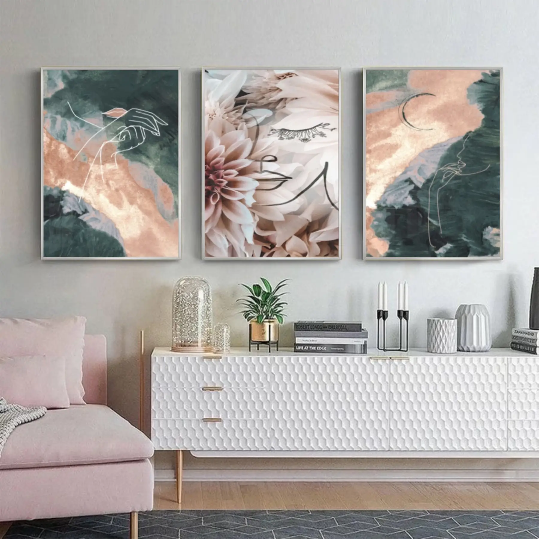 Mermerin Şiiri Ve Çiçeklerin Dansı: Üçlü Metal Çerçeveli Tablo Takımı