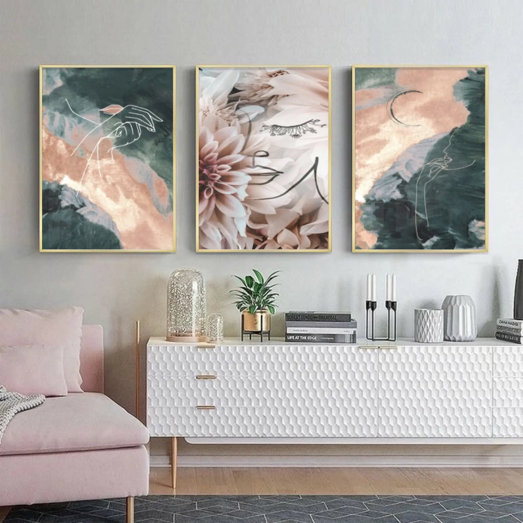 Mermerin Şiiri Ve Çiçeklerin Dansı: Üçlü Metal Çerçeveli Tablo Takımı