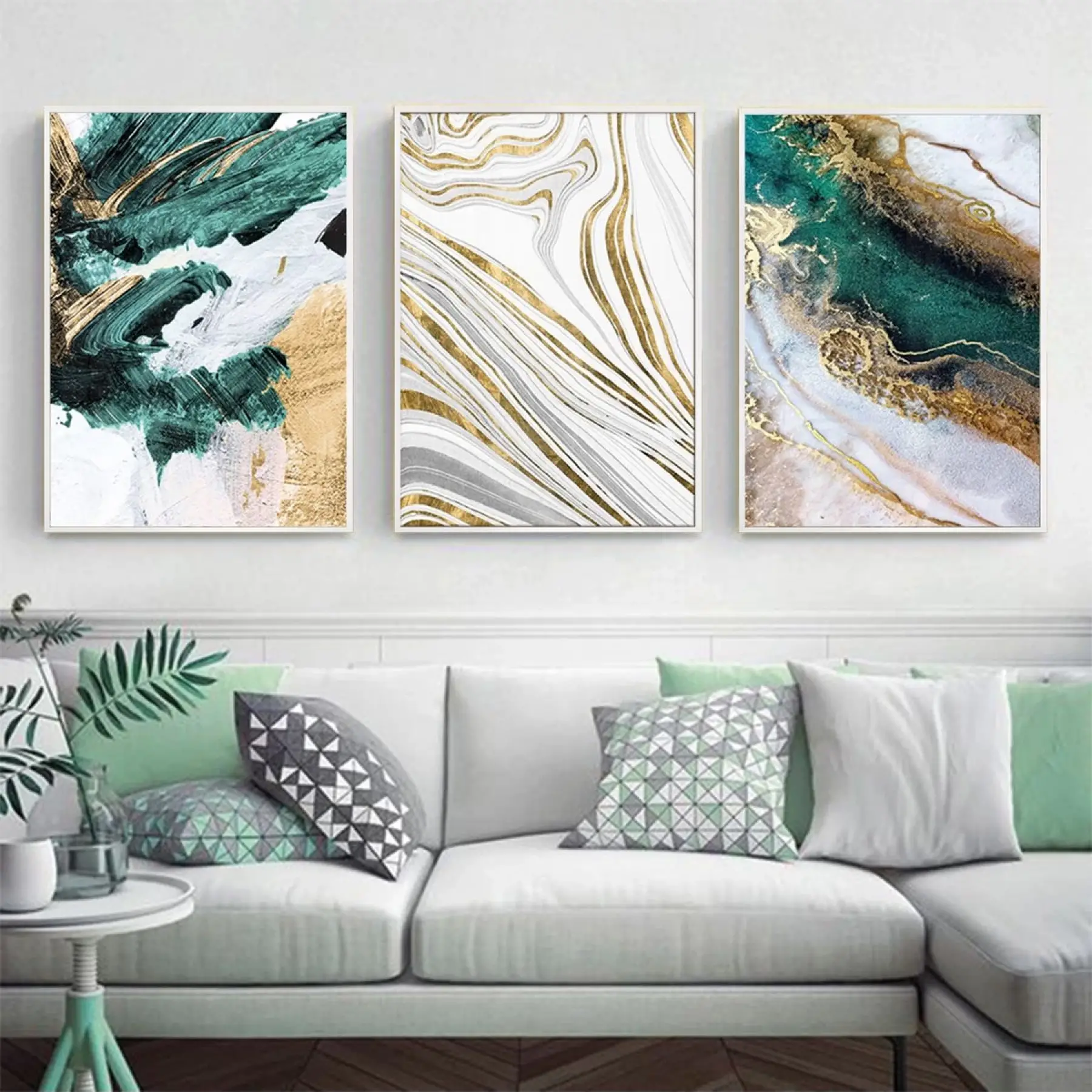 Altın Akıntılar: Yeşilin Enerjisi Ve Mermerin Zarafeti Beyaz Metal Çerçeveli Tablo Takımı