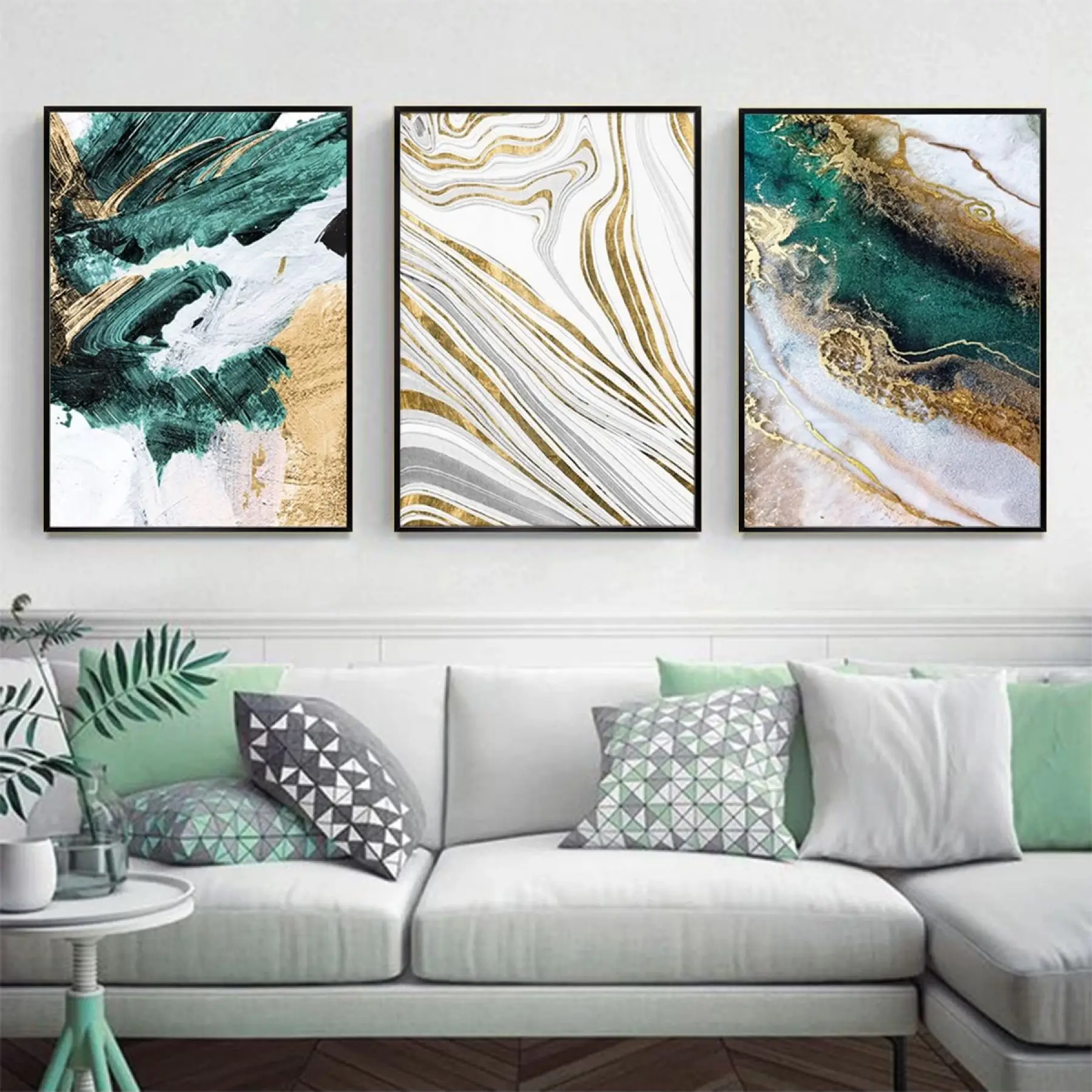 Altın Akıntılar: Yeşilin Enerjisi Ve Mermerin Zarafeti Siyah Metal Çerçeveli Tablo Takımı