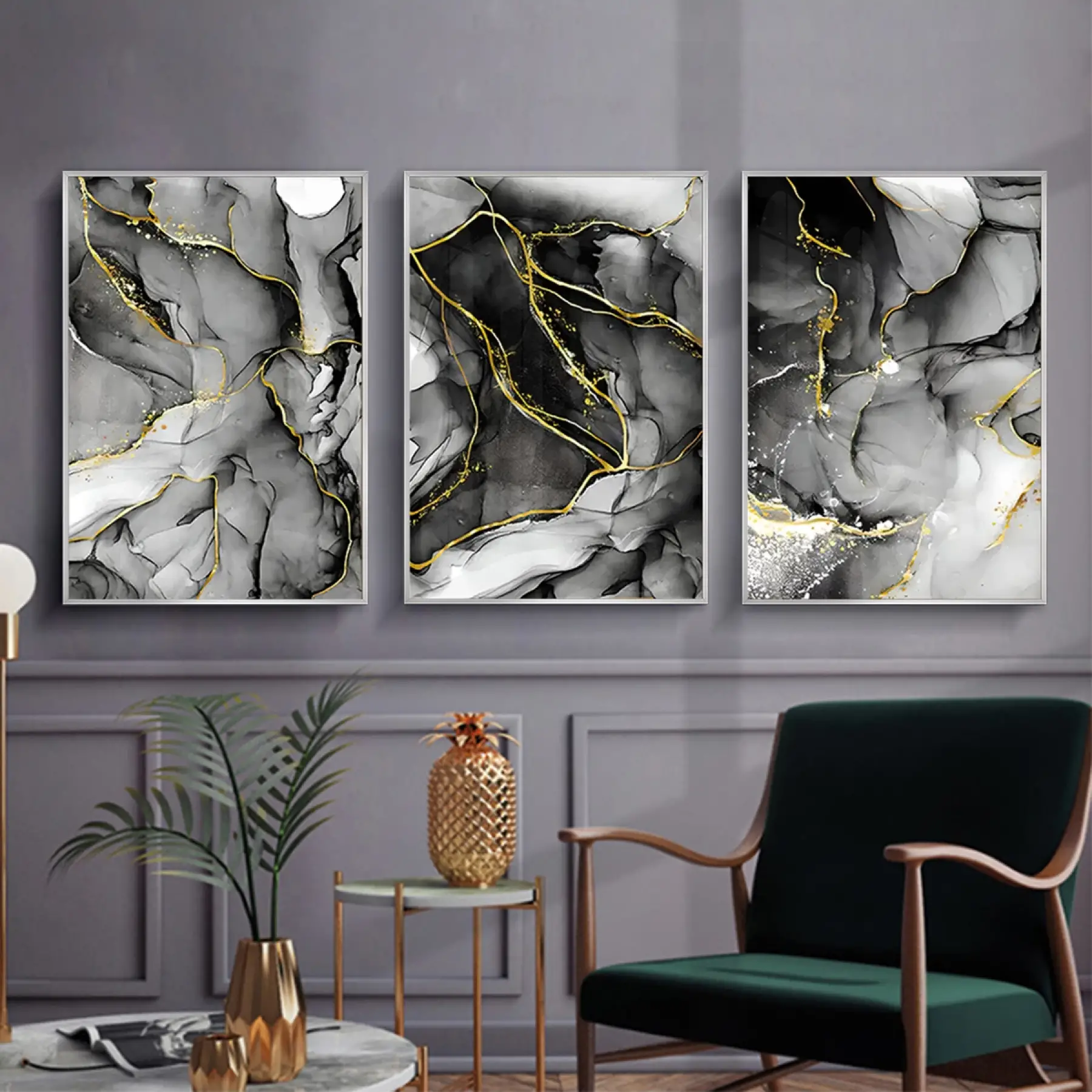 Soyut Akışkanlık: Altın Vurgulu Mermer Üçlü Tablo Takımı