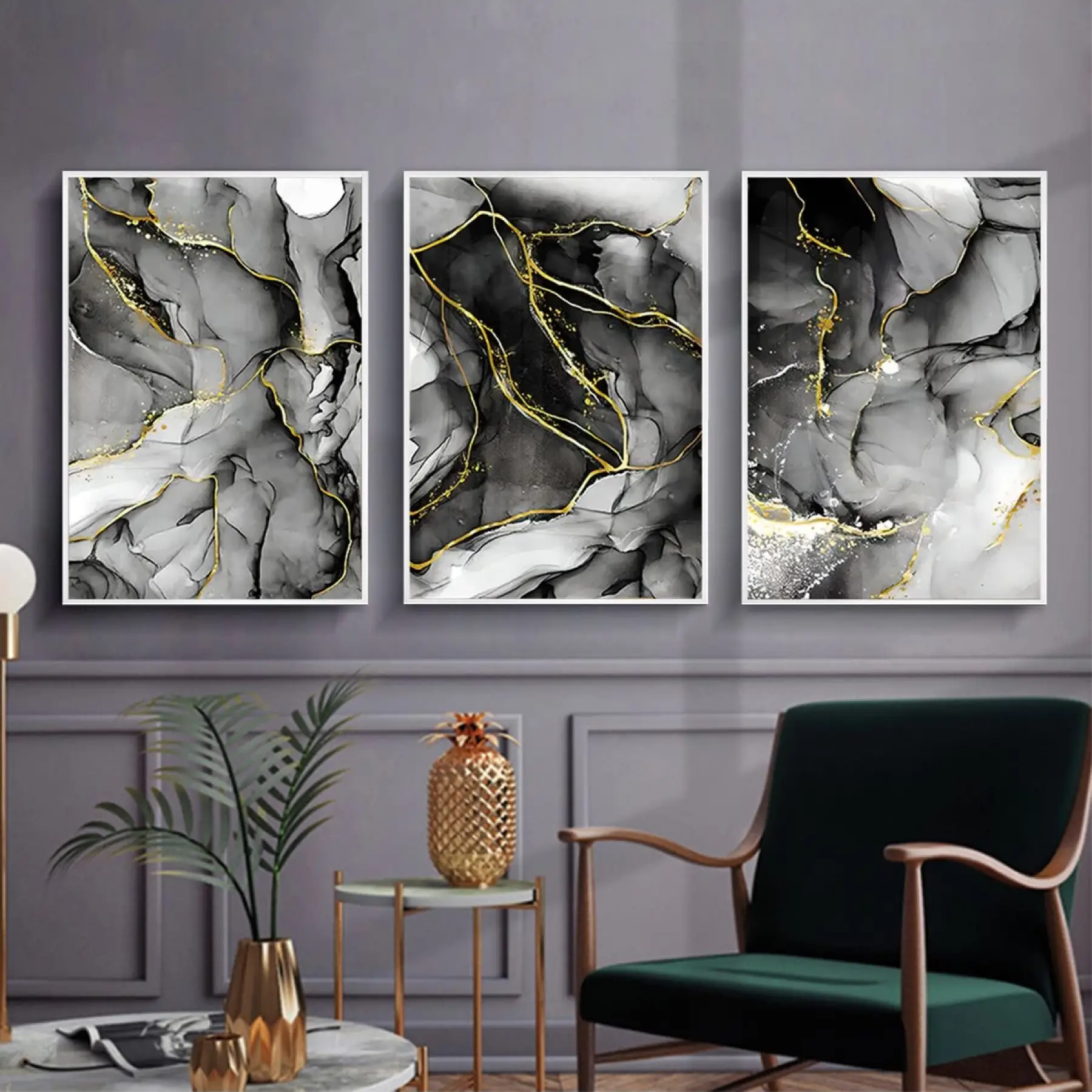 Soyut Akışkanlık: Altın Vurgulu Mermer Üçlü Tablo Takımı