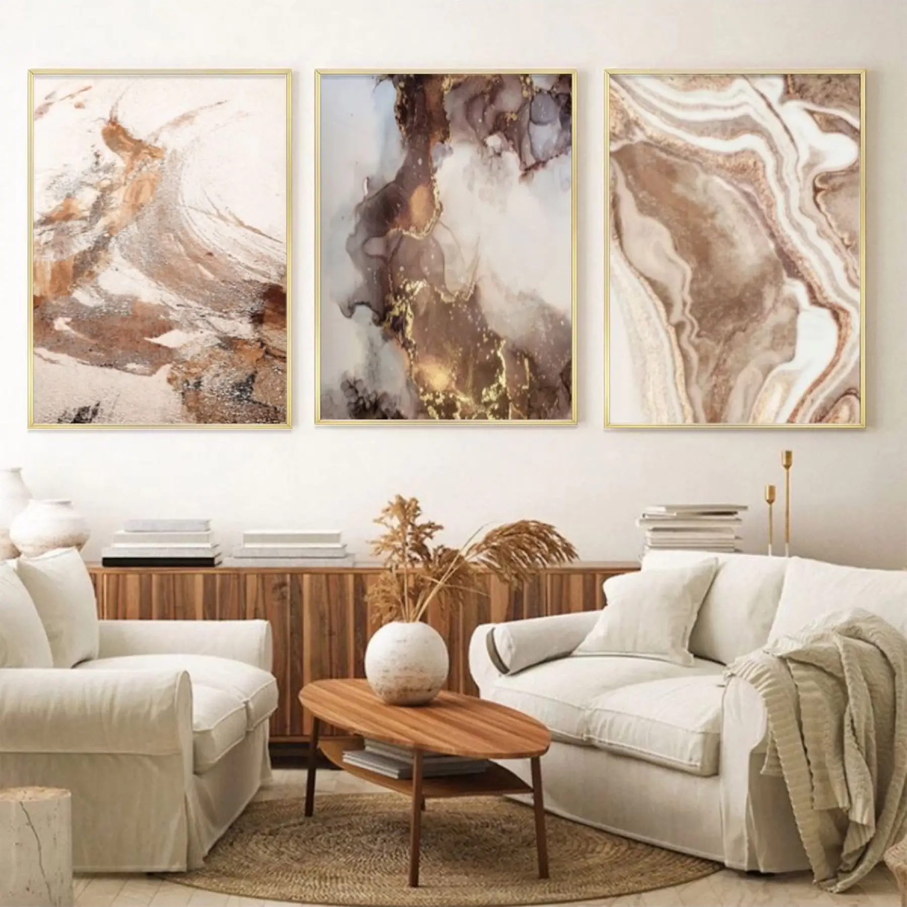 Organik Elegans: Sıcak Mermer Desenli Üçlü Metal Çerçeveli Tablo Seti
