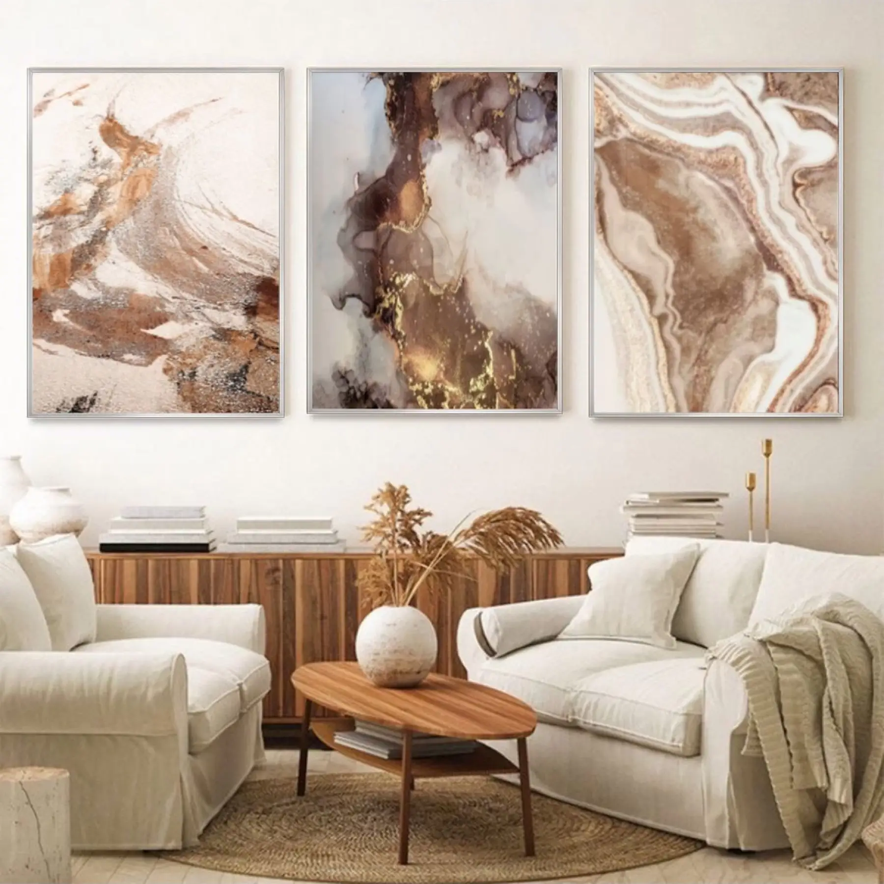 Organik Elegans: Sıcak Mermer Desenli Üçlü Metal Çerçeveli Tablo Seti