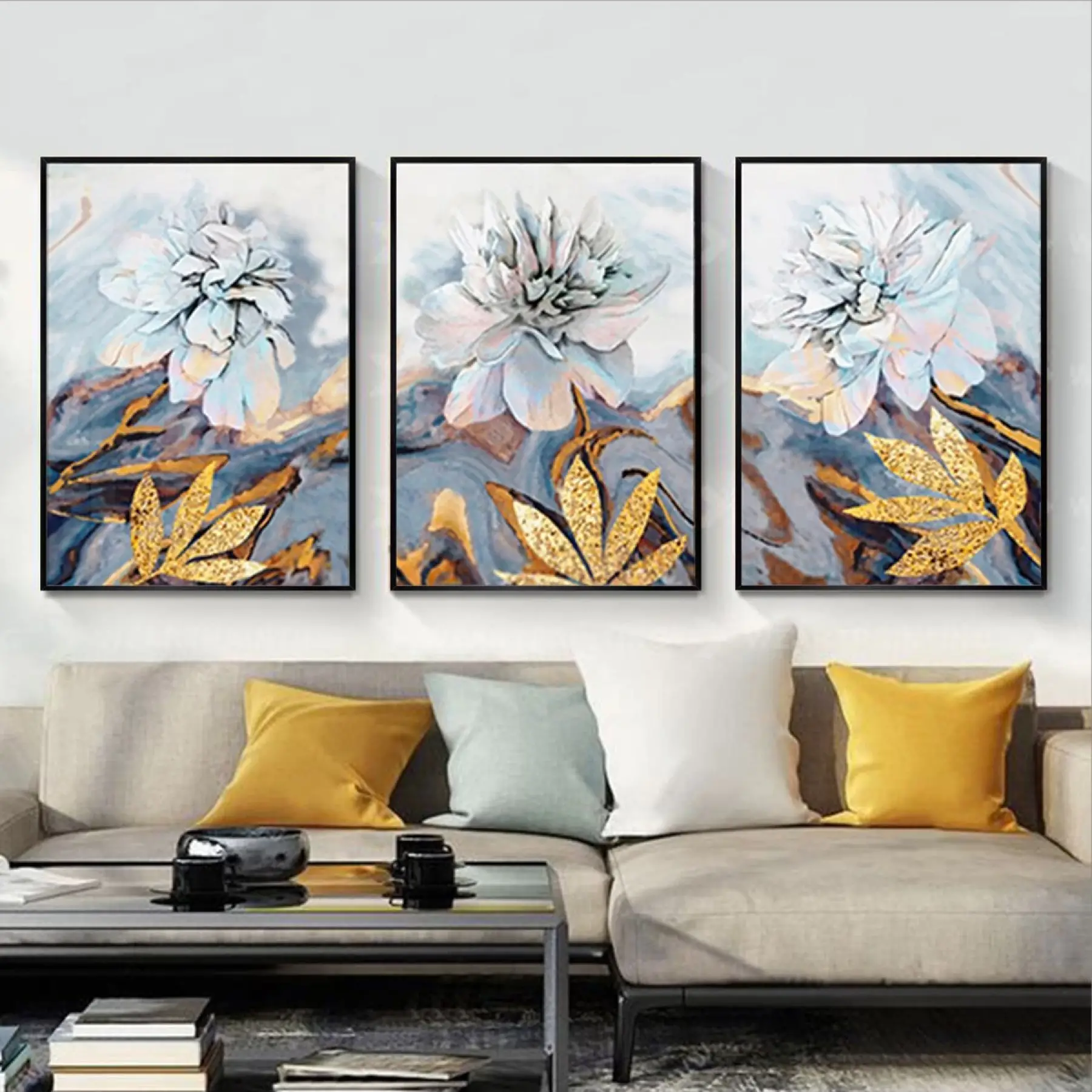 Elegans Çiçek Triptikleri: Altın Vurgulu Modern Sanatsal Siyah Metal Çerçeveli Tablo Seti