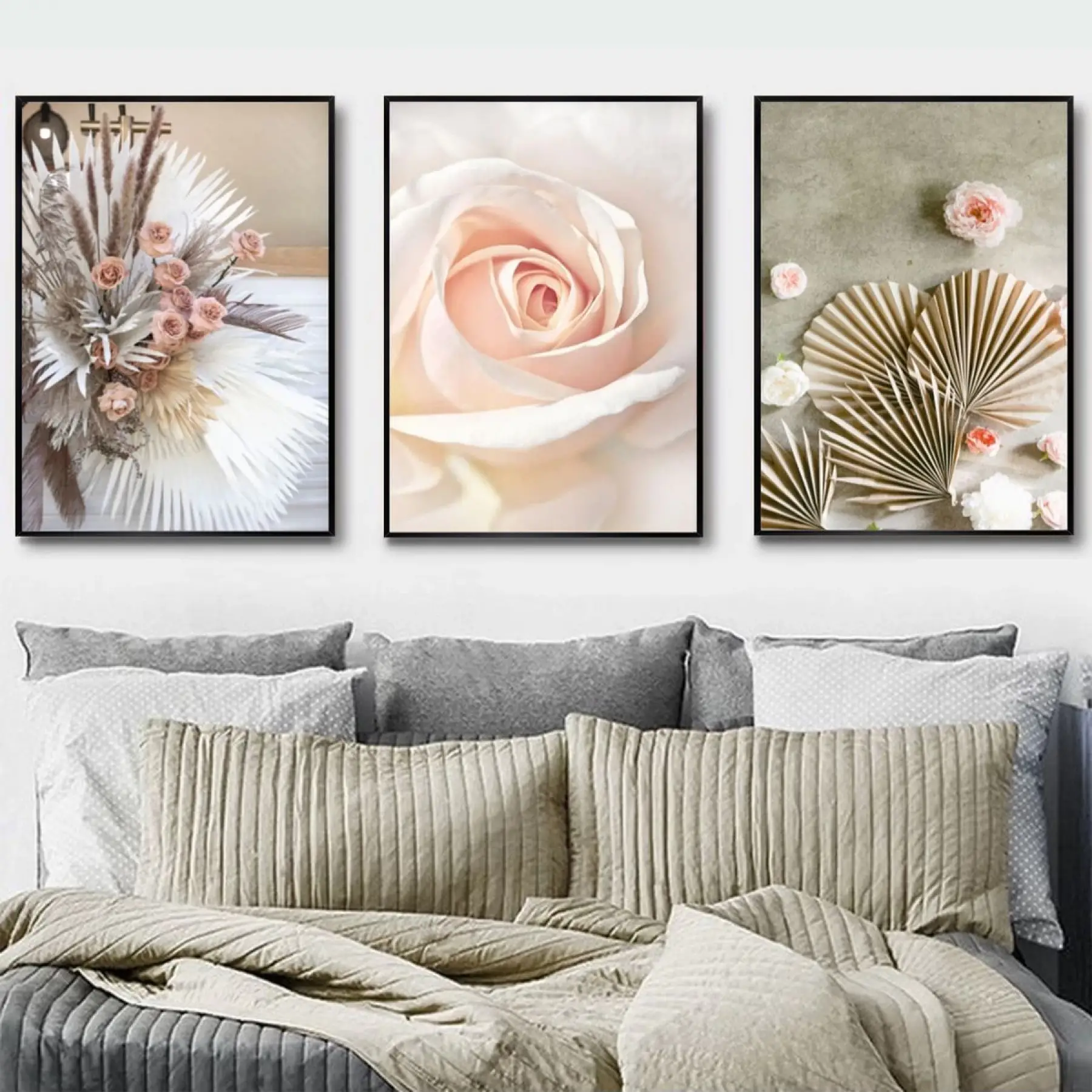 Zarafetin Üçlemesi: Pastel Rüya Çiçekleri Ve Doğanın Sanatı Metal Çerçeveli 3lü Tablo Seti