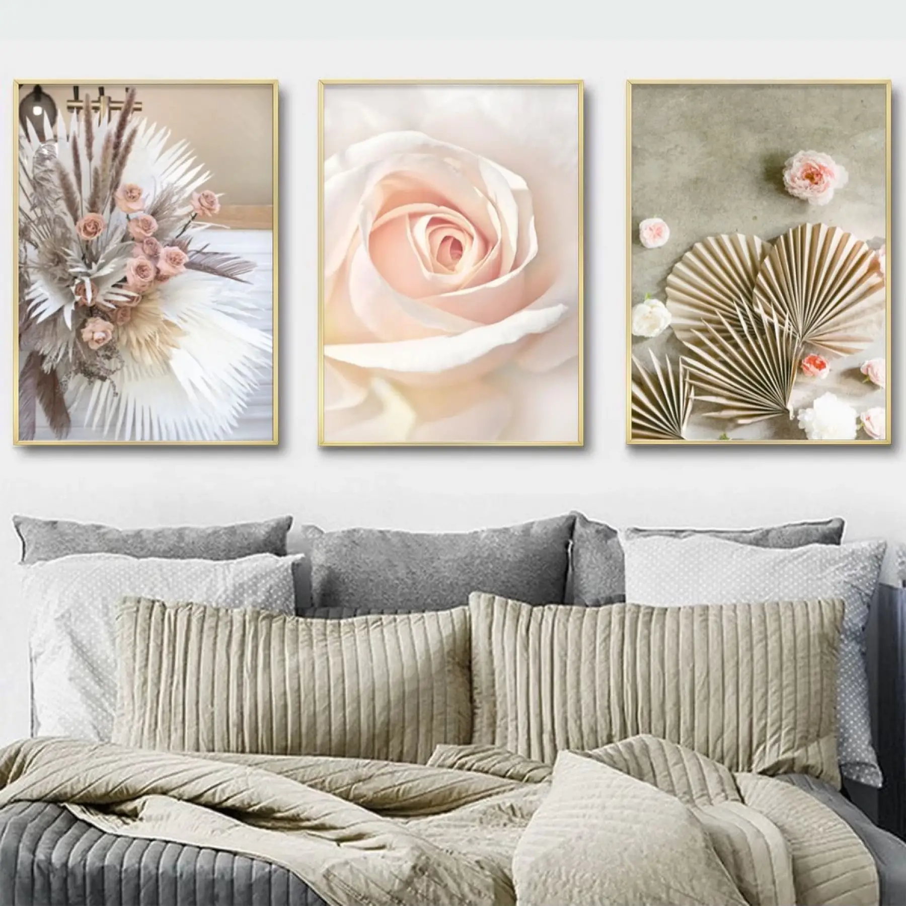 Zarafetin Üçlemesi: Pastel Rüya Çiçekleri Ve Doğanın Sanatı Metal Çerçeveli 3lü Tablo Seti