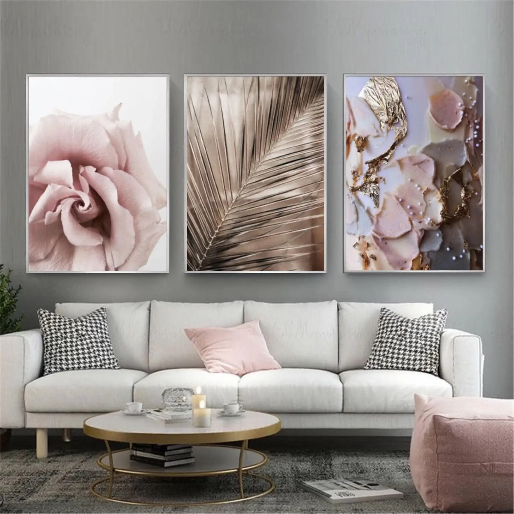 Pembe Sükunet: Estetik Desenler Metal Çerçeveli Tablo Seti