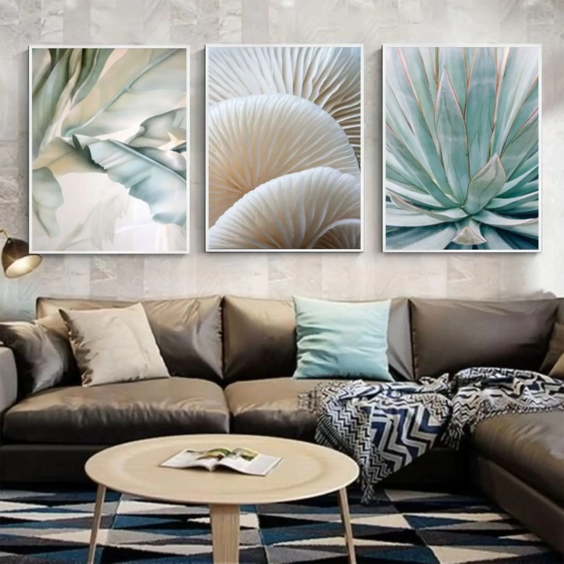 Modern Botanik Elegans: Pastel Yaprak ve Sukulent Üçlü Tablo Seti