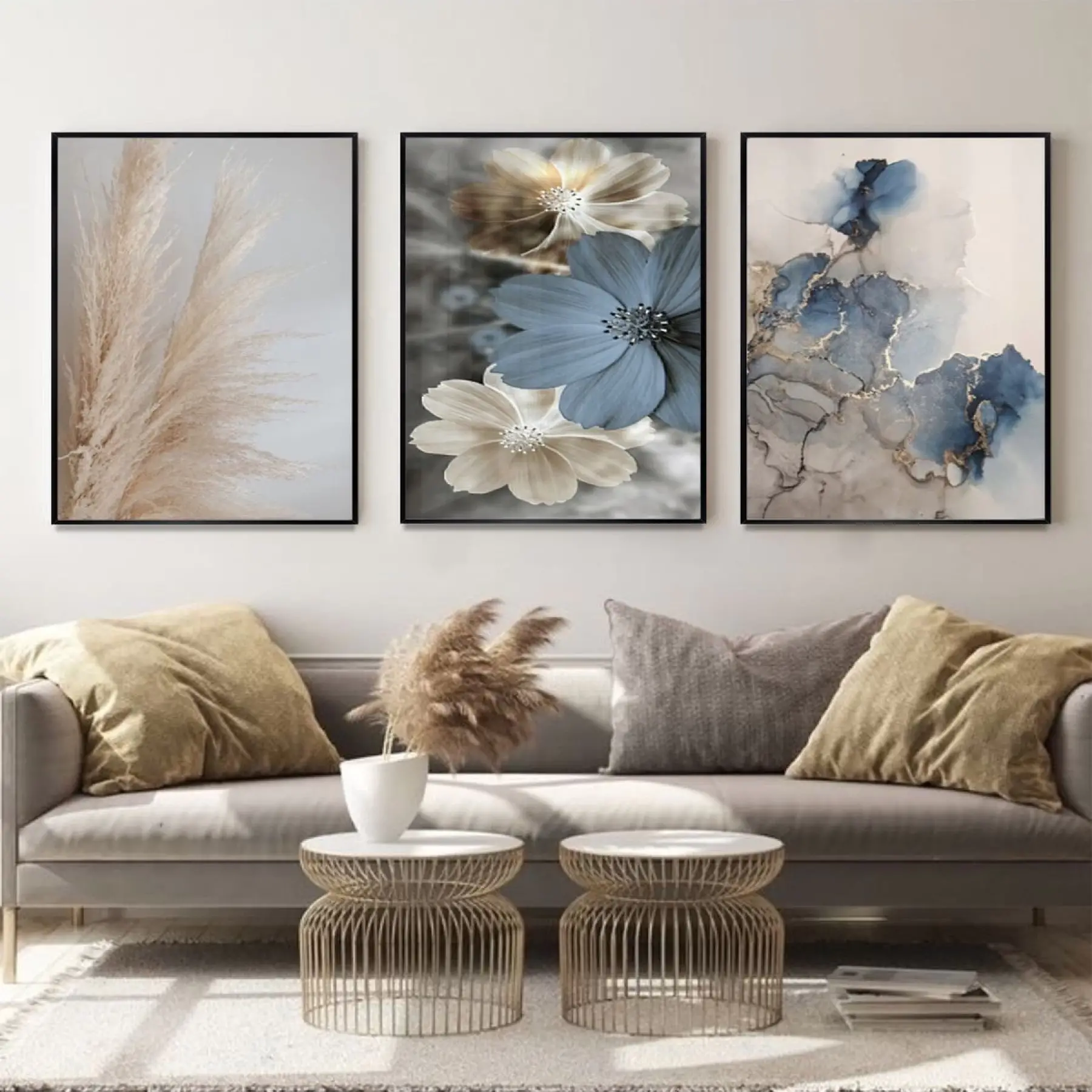 Doğal Melodiler: Mermerin Estetiği Ve Pastel Çiçekler Metal Çerçeveli Tablo Seti