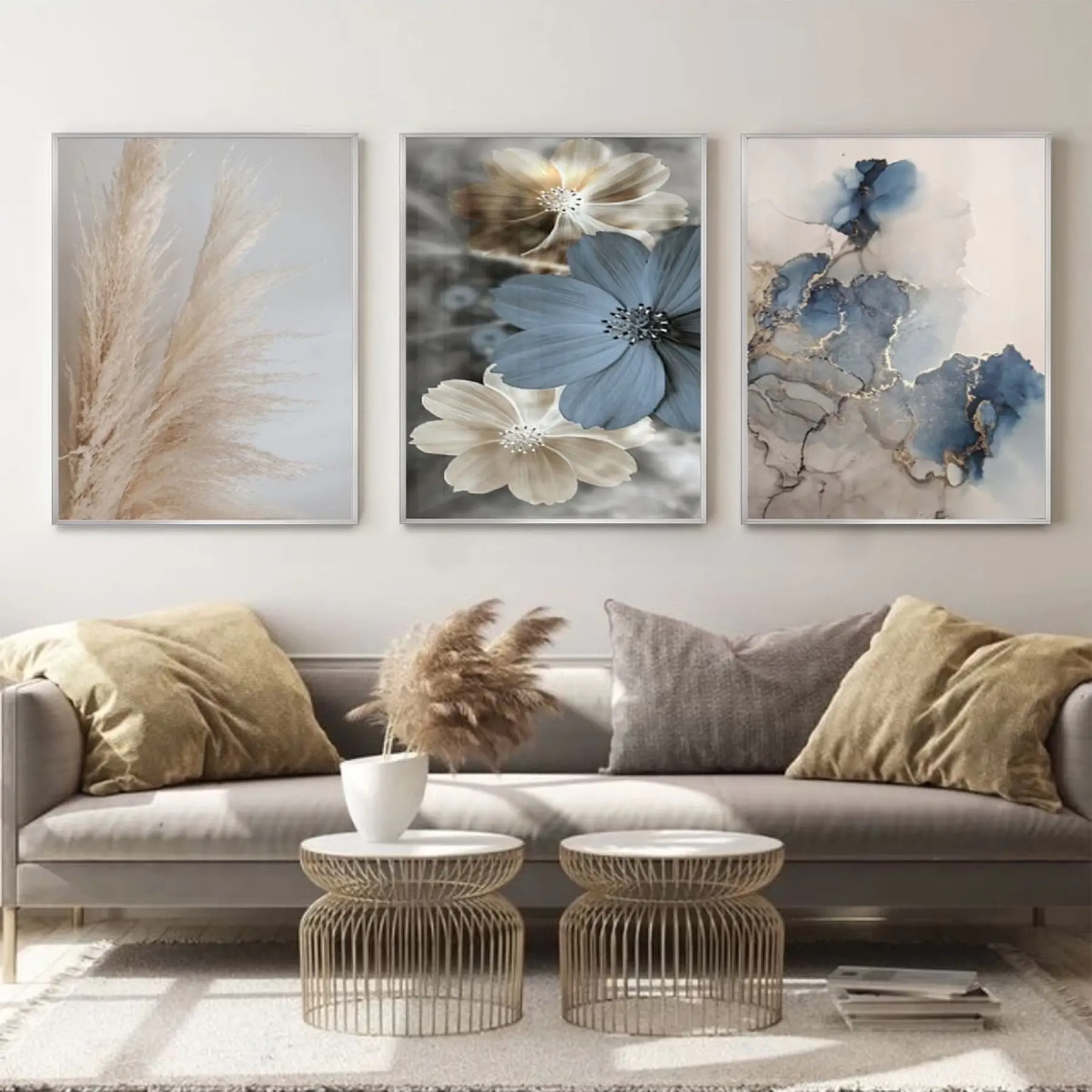 Doğal Melodiler: Mermerin Estetiği Ve Pastel Çiçekler Metal Çerçeveli Tablo Seti