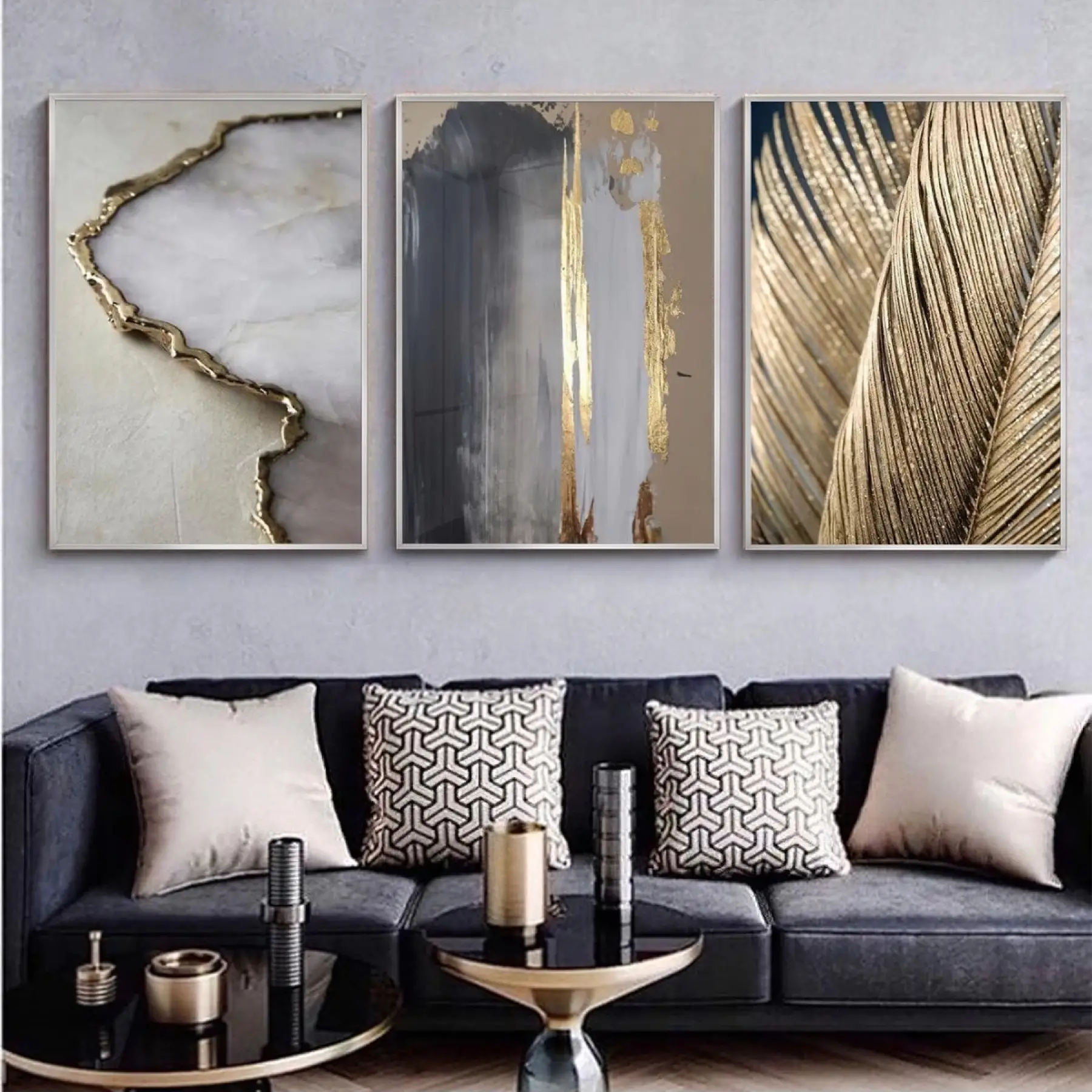Modern Elegans: Altın Dokunuşlu Mermer Ve Soyut Desenler Metal Çerçeveli Tablo Seti