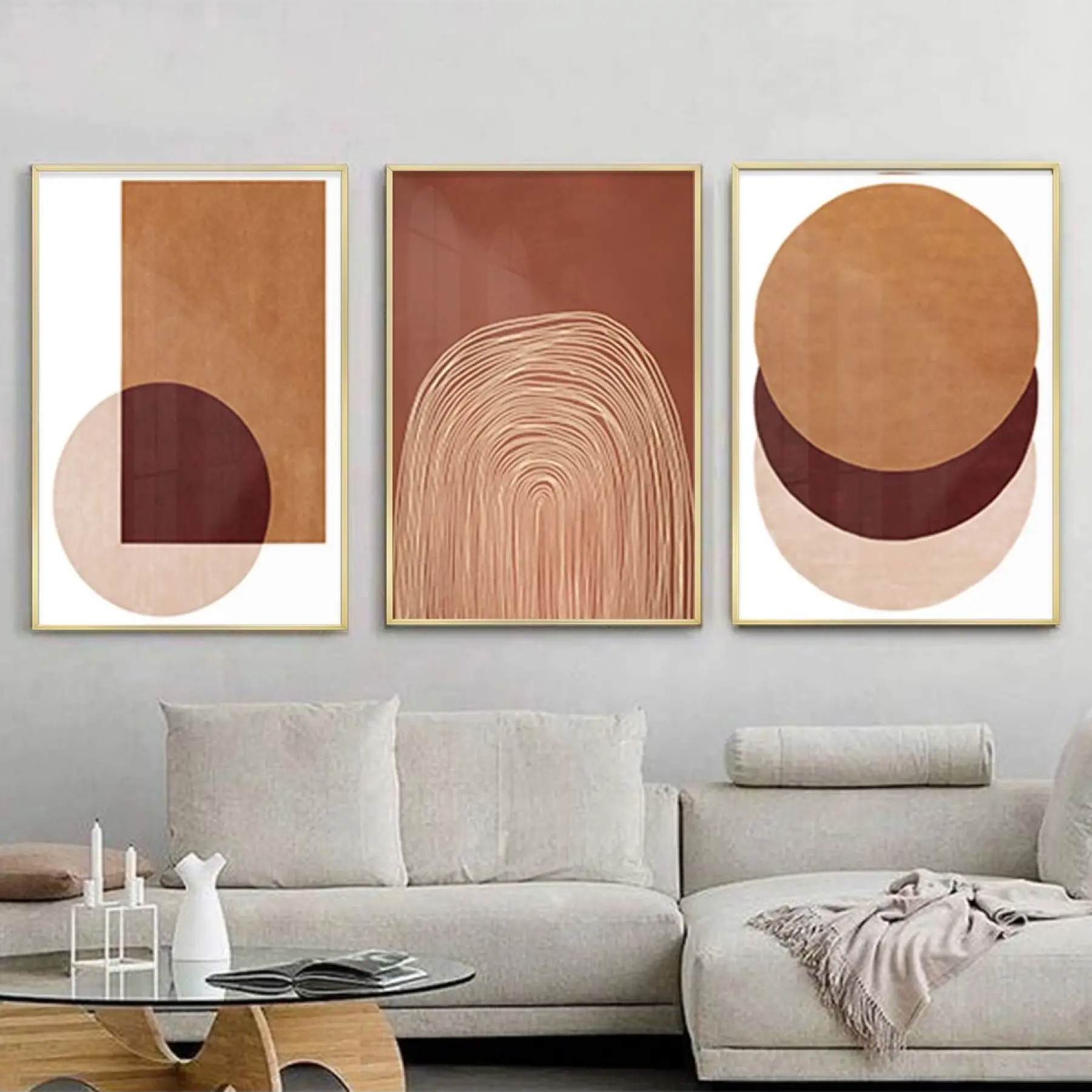 Toprak Tonlarında Soyut Harmoni Metal Çerçeveli Tablo Takımı