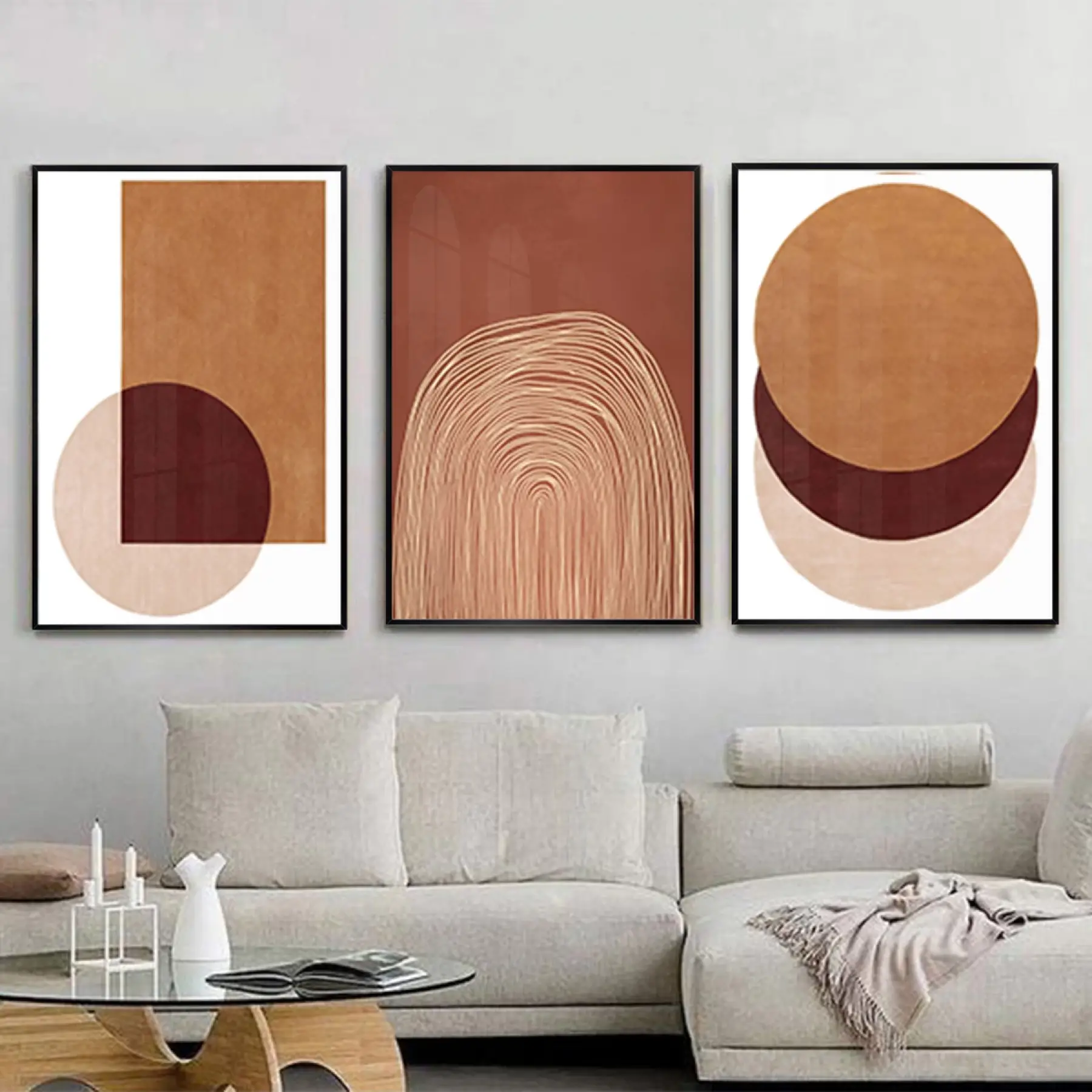 Toprak Tonlarında Soyut Harmoni Metal Çerçeveli Tablo Takımı