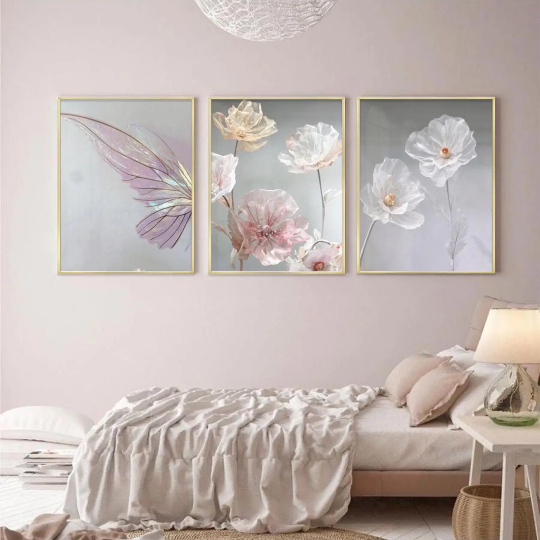 Pastel Bahar Rüyası: Kelebek Ve Çiçek Zarafeti Metal Çerçeveli Tablo Seti