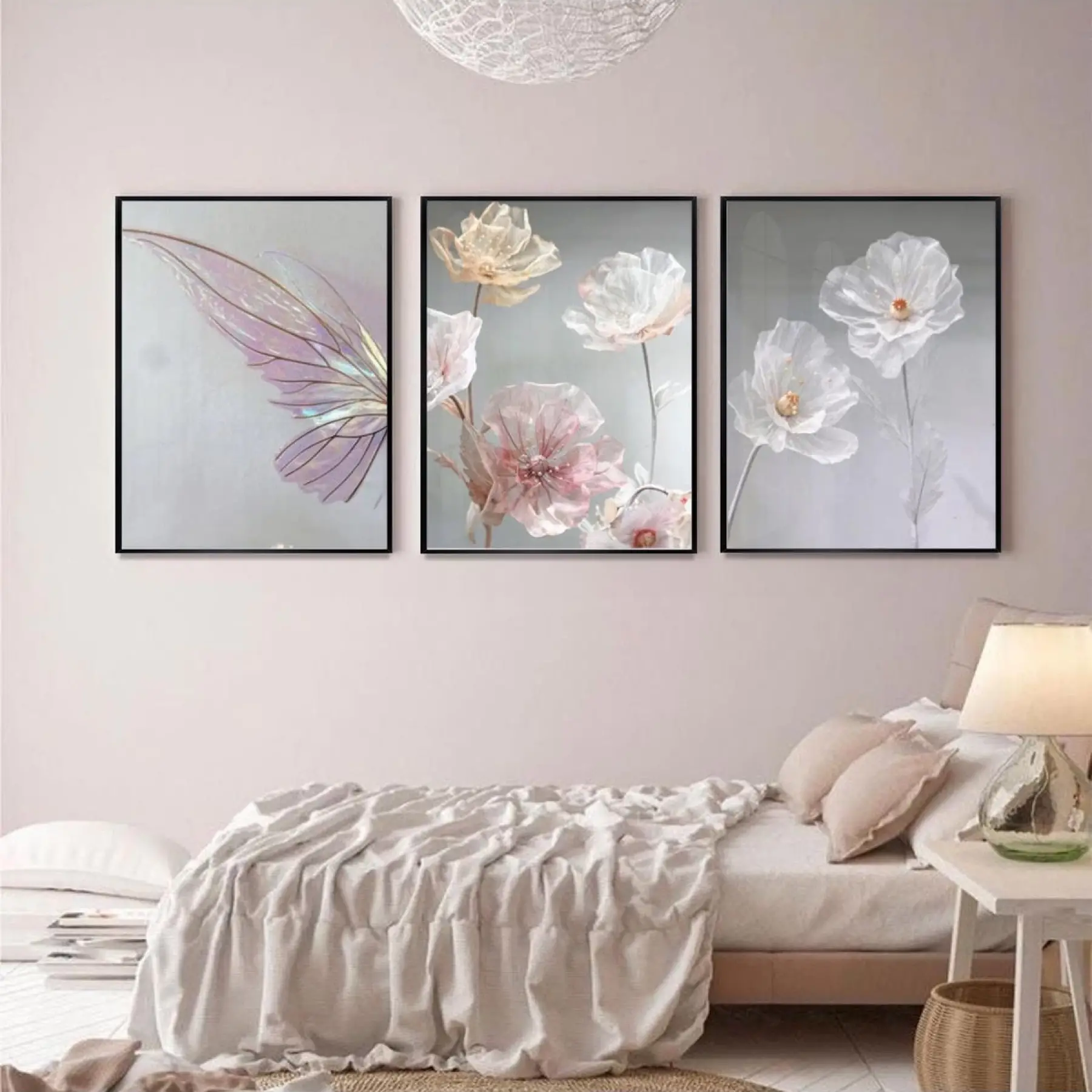 Pastel Bahar Rüyası: Kelebek Ve Çiçek Zarafeti Metal Çerçeveli Tablo Seti