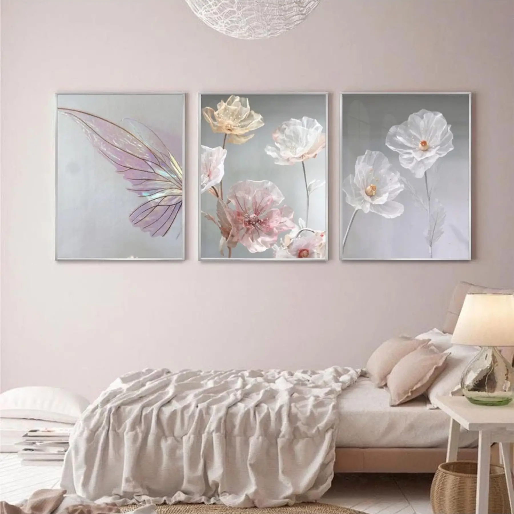 Pastel Bahar Rüyası: Kelebek Ve Çiçek Zarafeti Metal Çerçeveli Tablo Seti