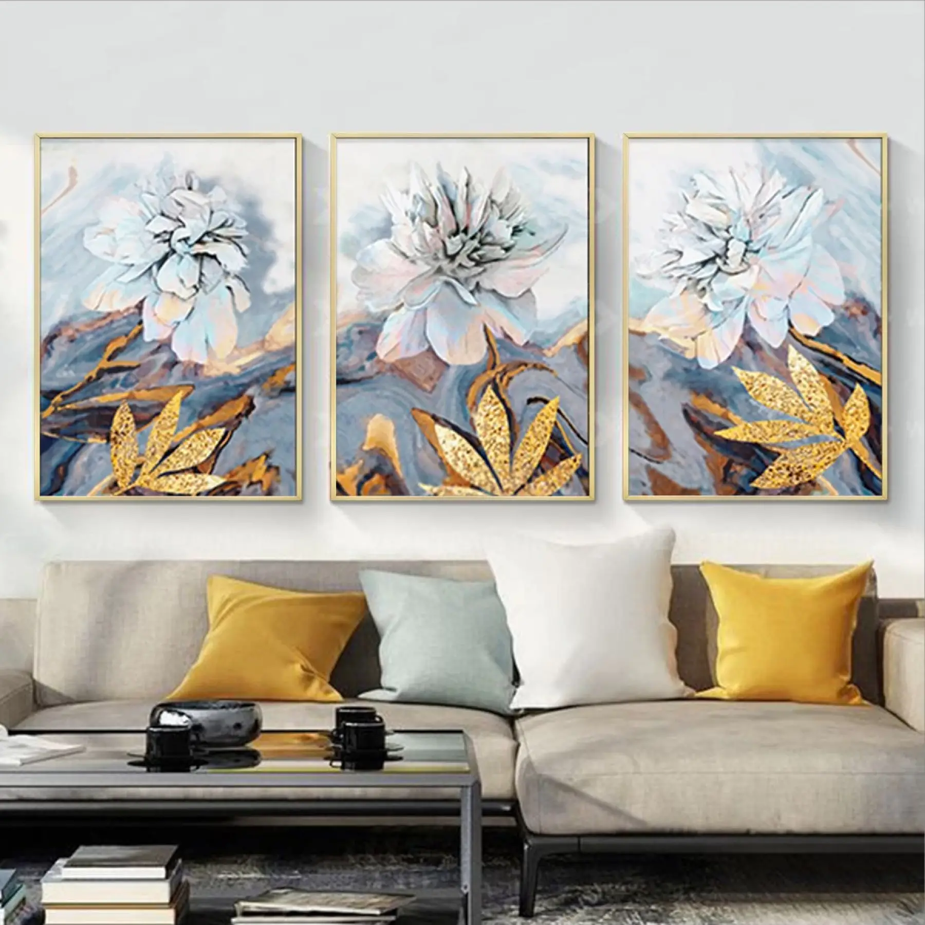 Elegans Çiçek Triptikleri: Altın Vurgulu Modern Sanatsal Gold Metal Çerçeveli Tablo Seti
