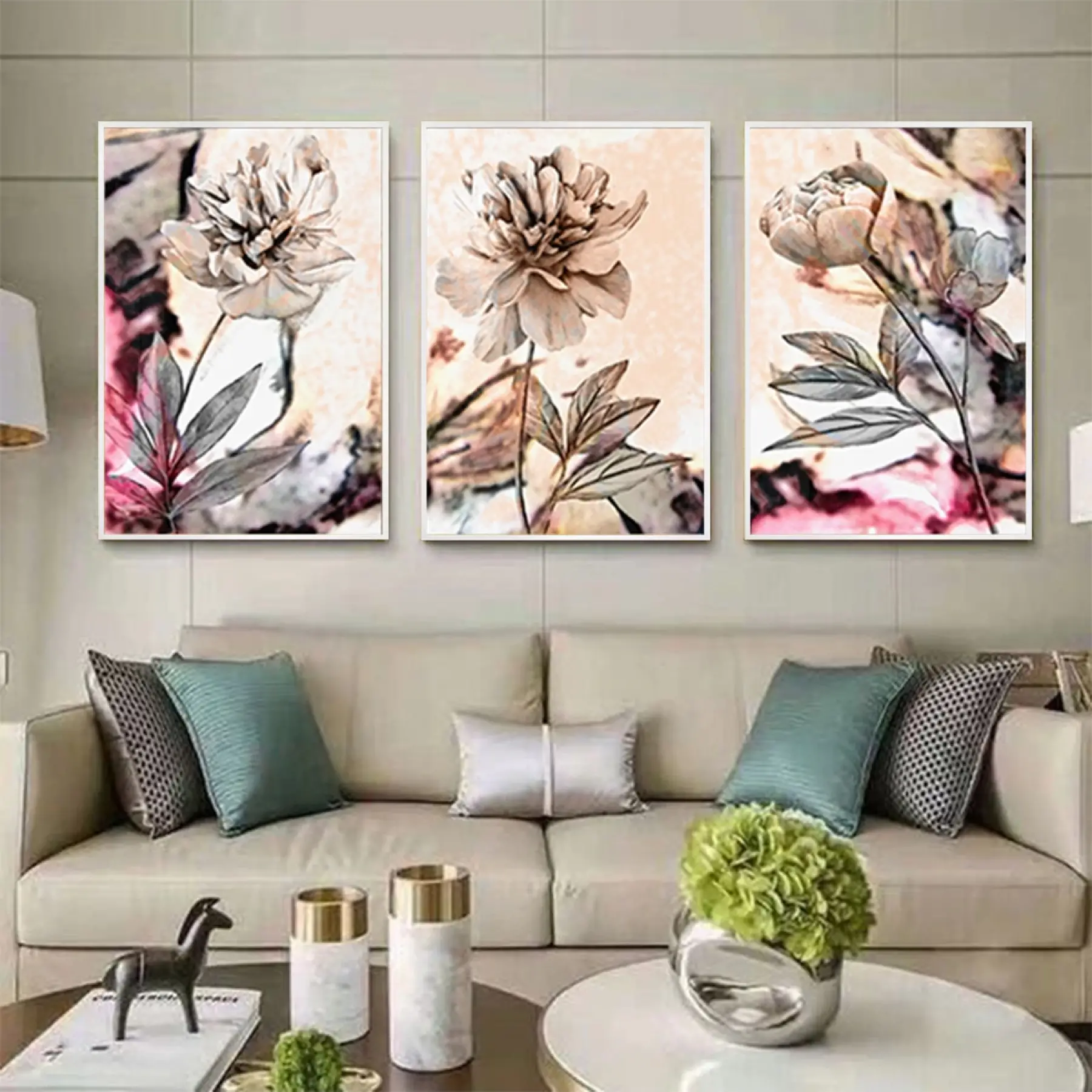 Floral Senfoni: Klasik Güzellik Beyaz Metal Çerçeveli Tablo Seti