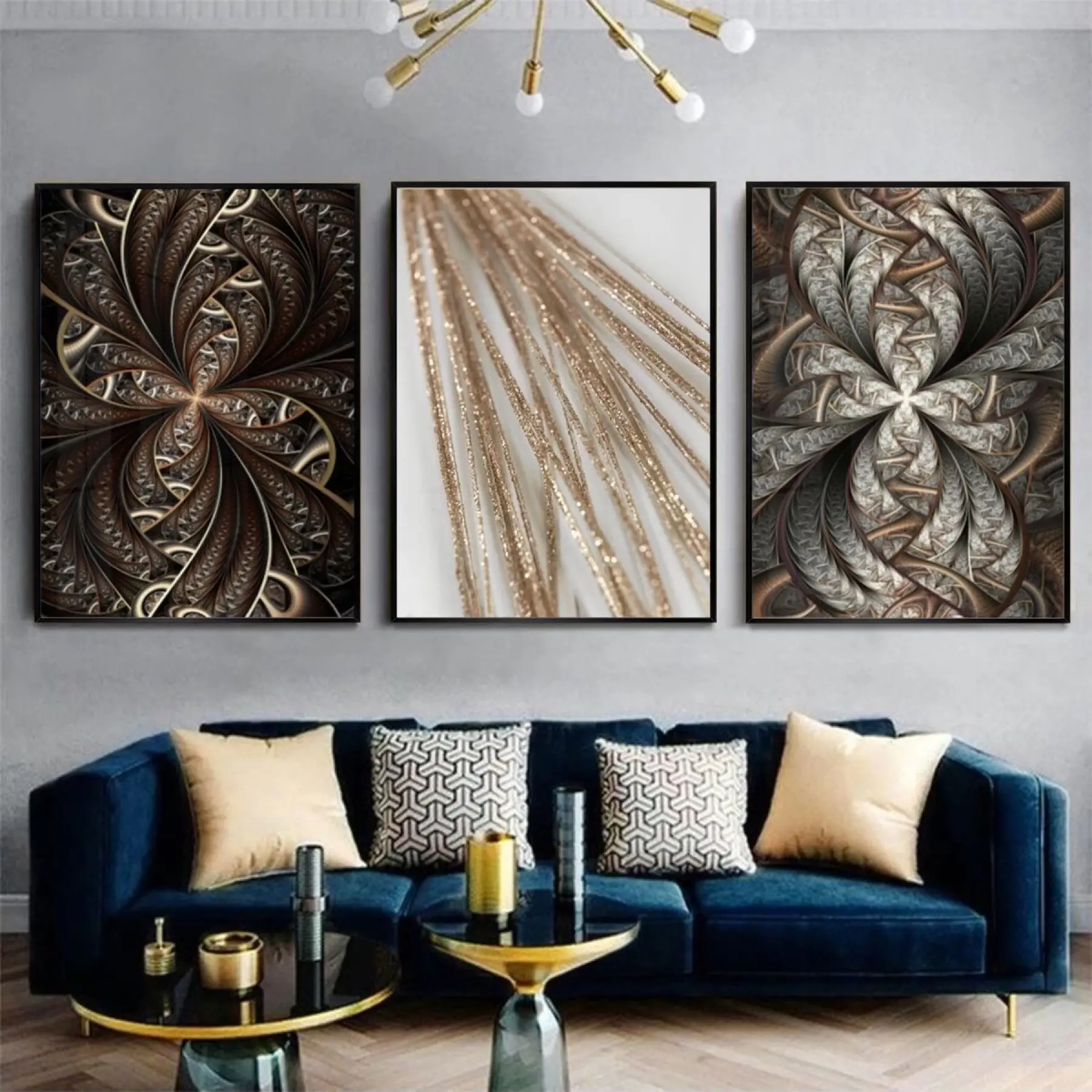 Modern Yansımalar: Altın Vurgulu Desenler Metal Çerçeveli Tablo Takımı