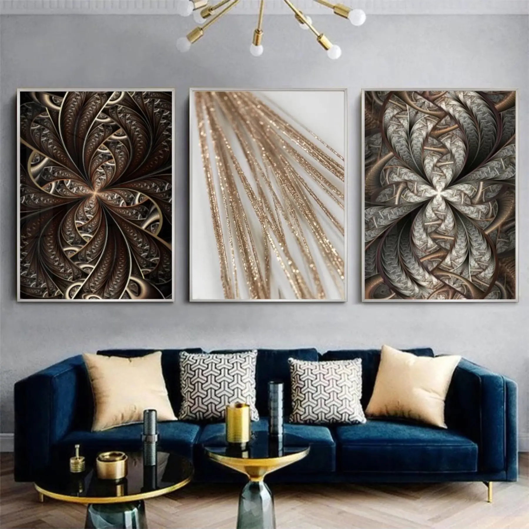 Modern Yansımalar: Altın Vurgulu Desenler Metal Çerçeveli Tablo Takımı