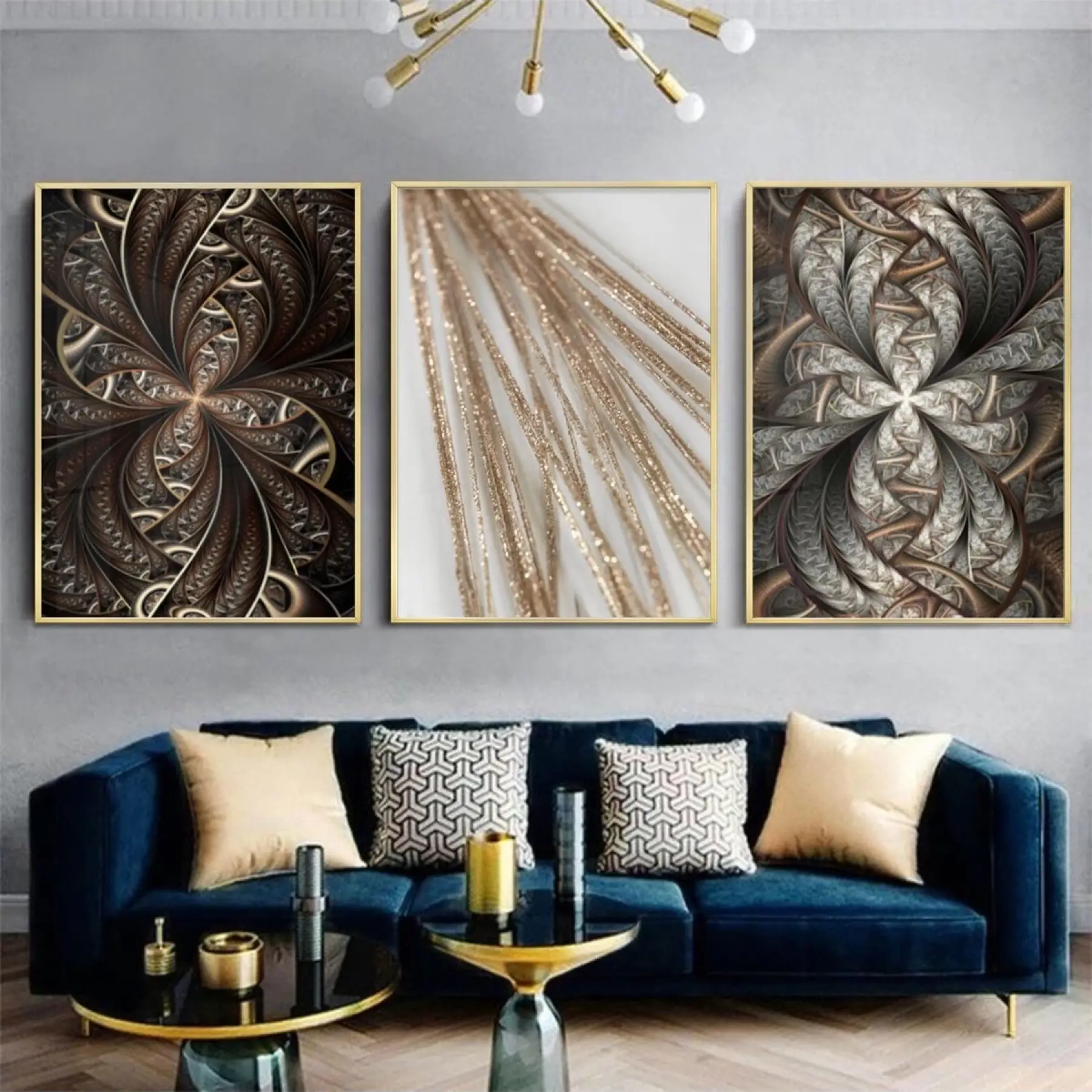Modern Yansımalar: Altın Vurgulu Desenler Metal Çerçeveli Tablo Takımı
