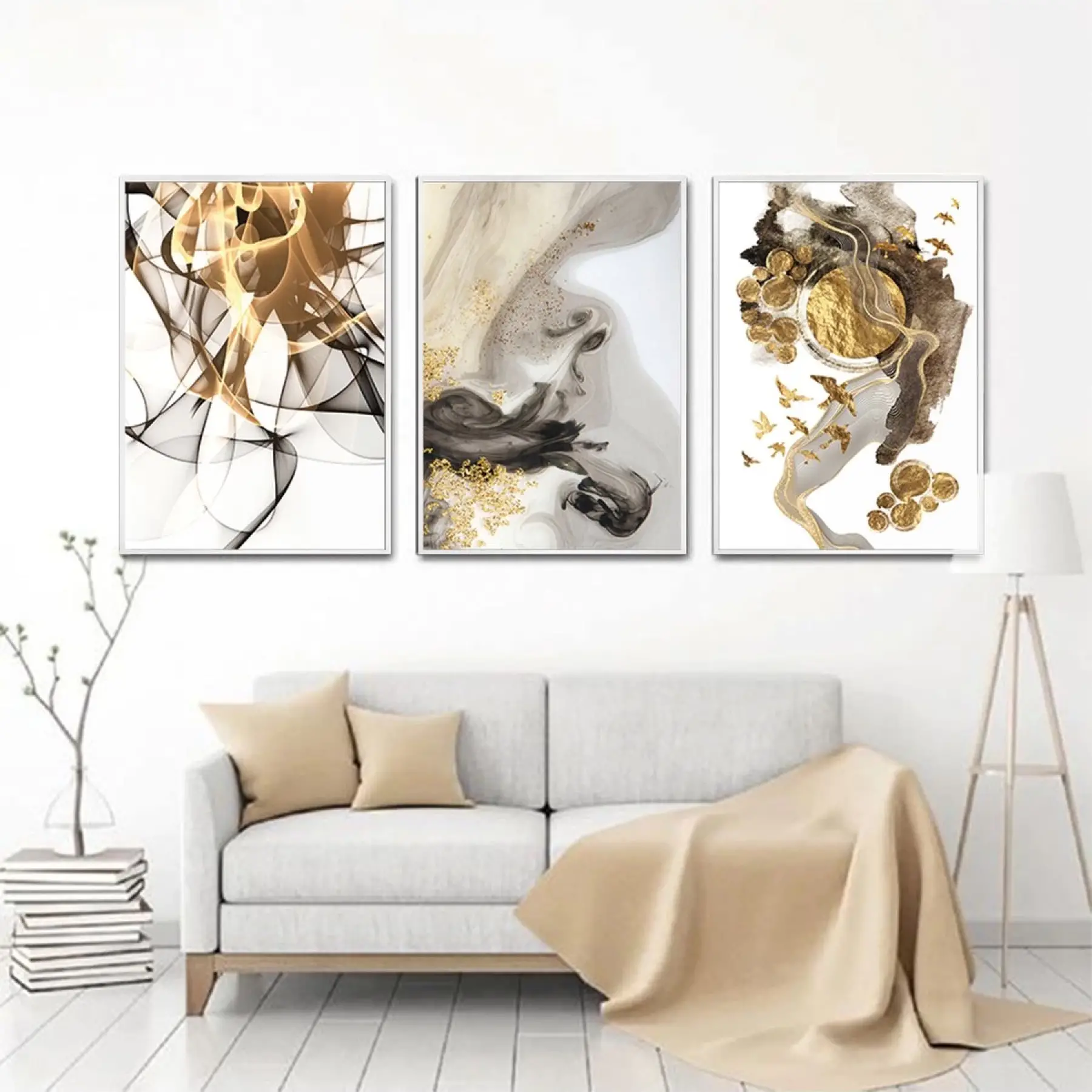 Sanatsal Karşıtlıklar: Altın Yansımalar Ve Siyahın Gücü Metal Çerçeveli Tablo Takımı