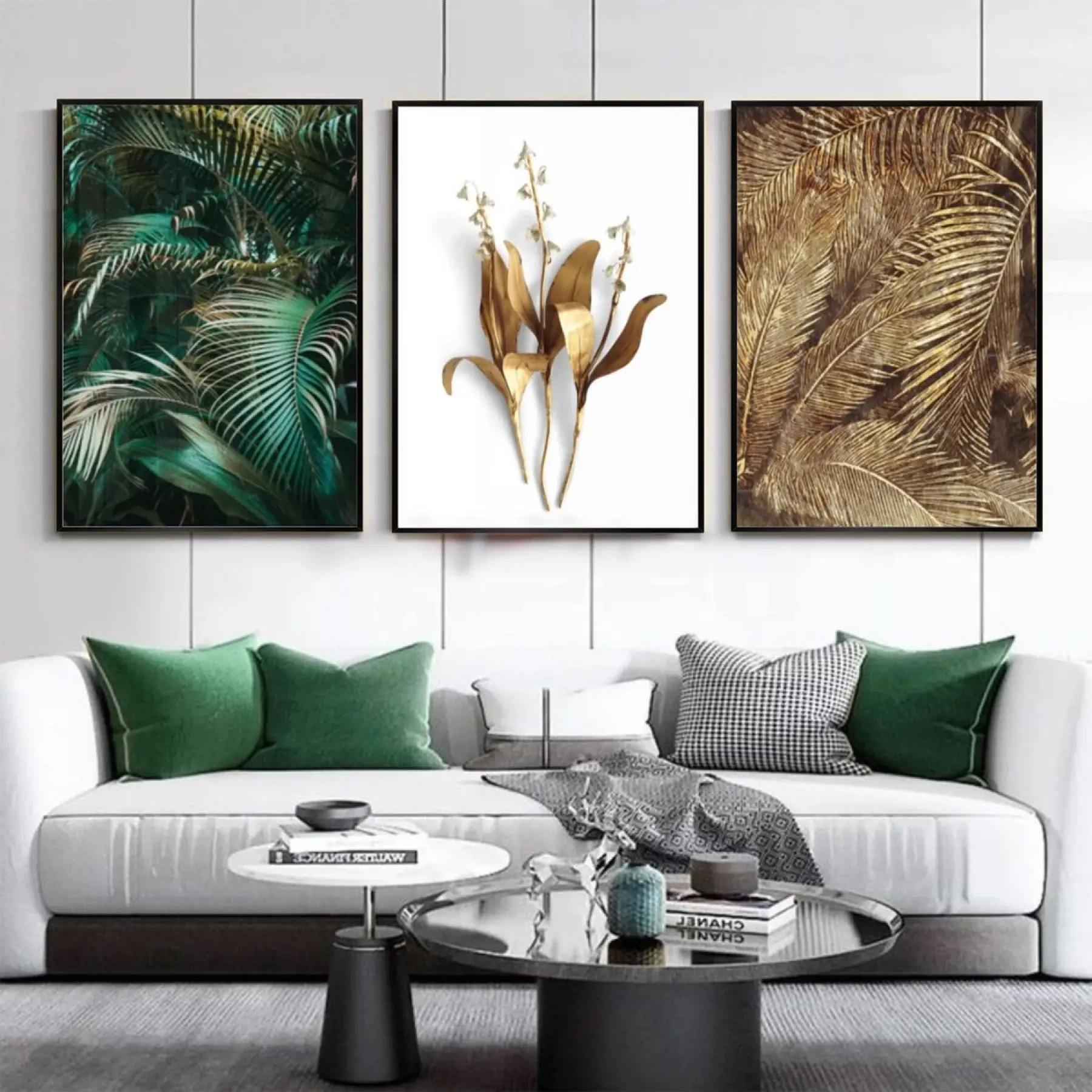 Tropik Yapraklar Ve Altın Dokunuşlar Metal Çerçeveli Tablo Seti