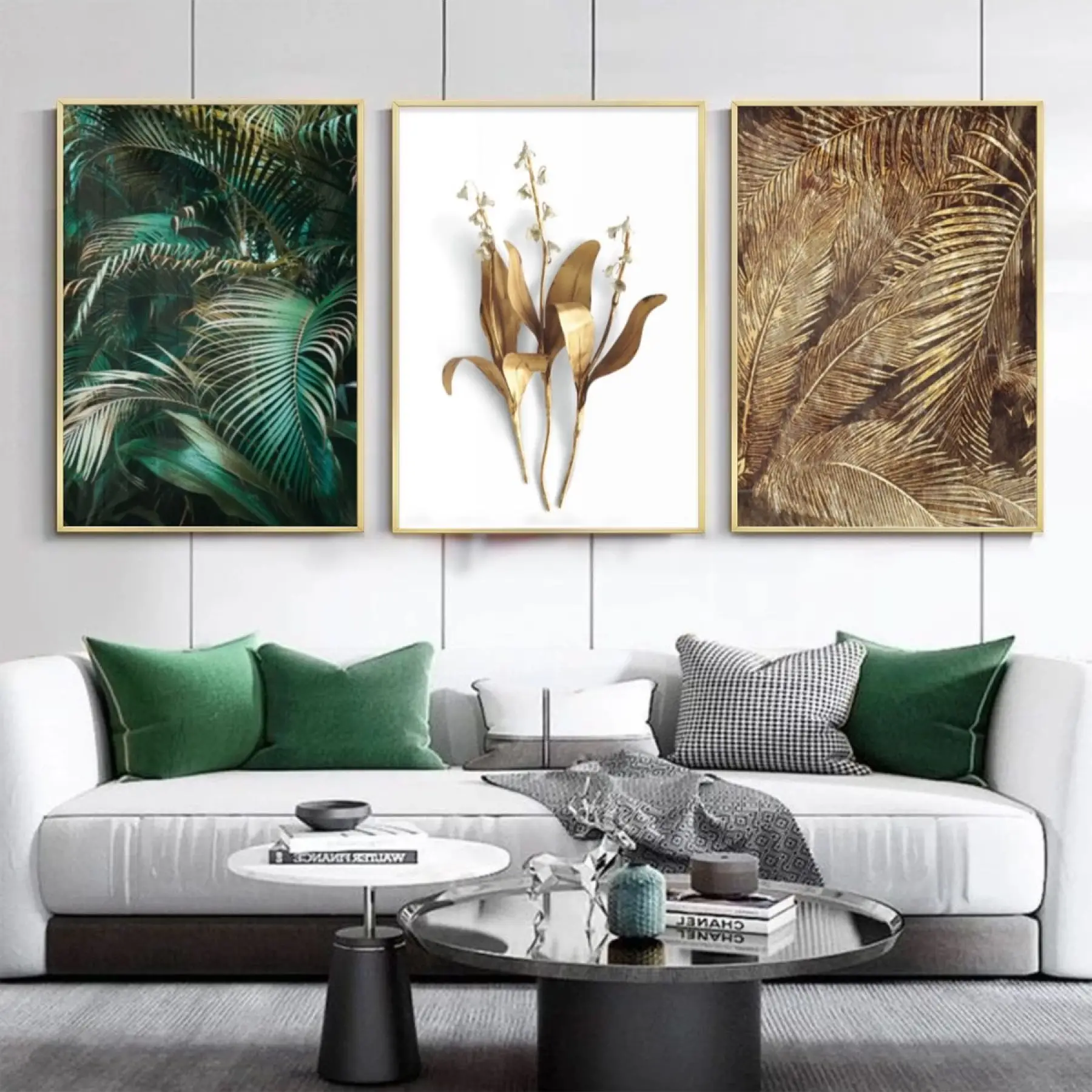 Tropik Yapraklar Ve Altın Dokunuşlar Metal Çerçeveli Tablo Seti