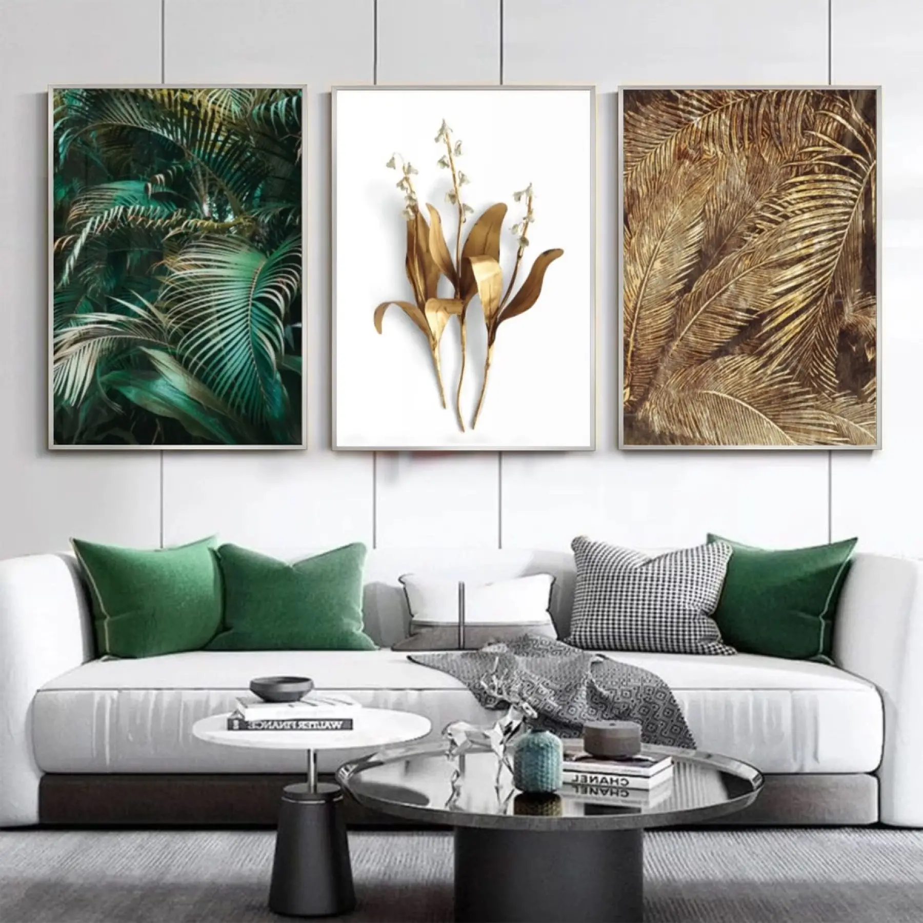 Tropik Yapraklar Ve Altın Dokunuşlar Metal Çerçeveli Tablo Seti