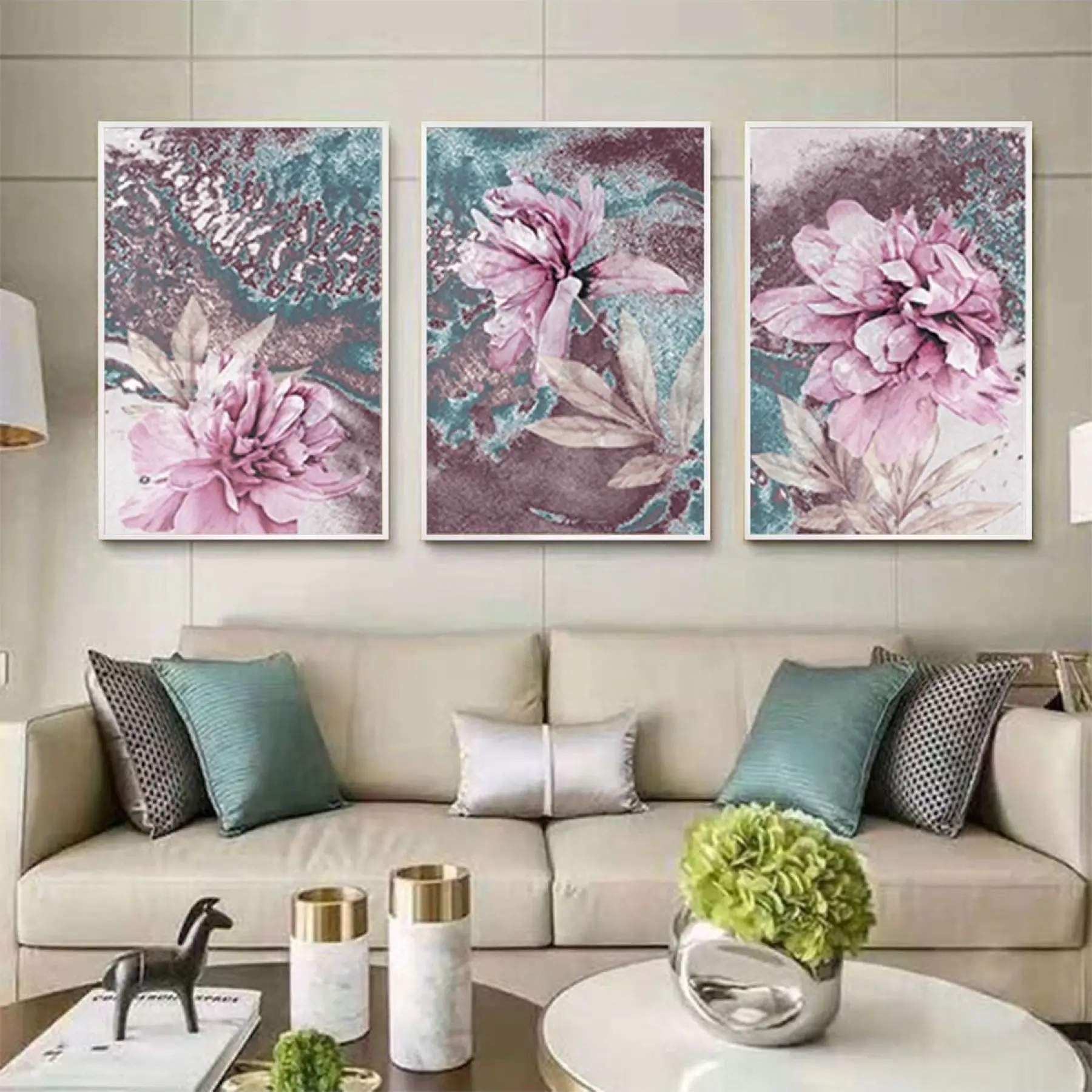 Harmoni Bahçesi: Çiçek Motifli Beyaz Metal Çerçeveli Tablo Seti