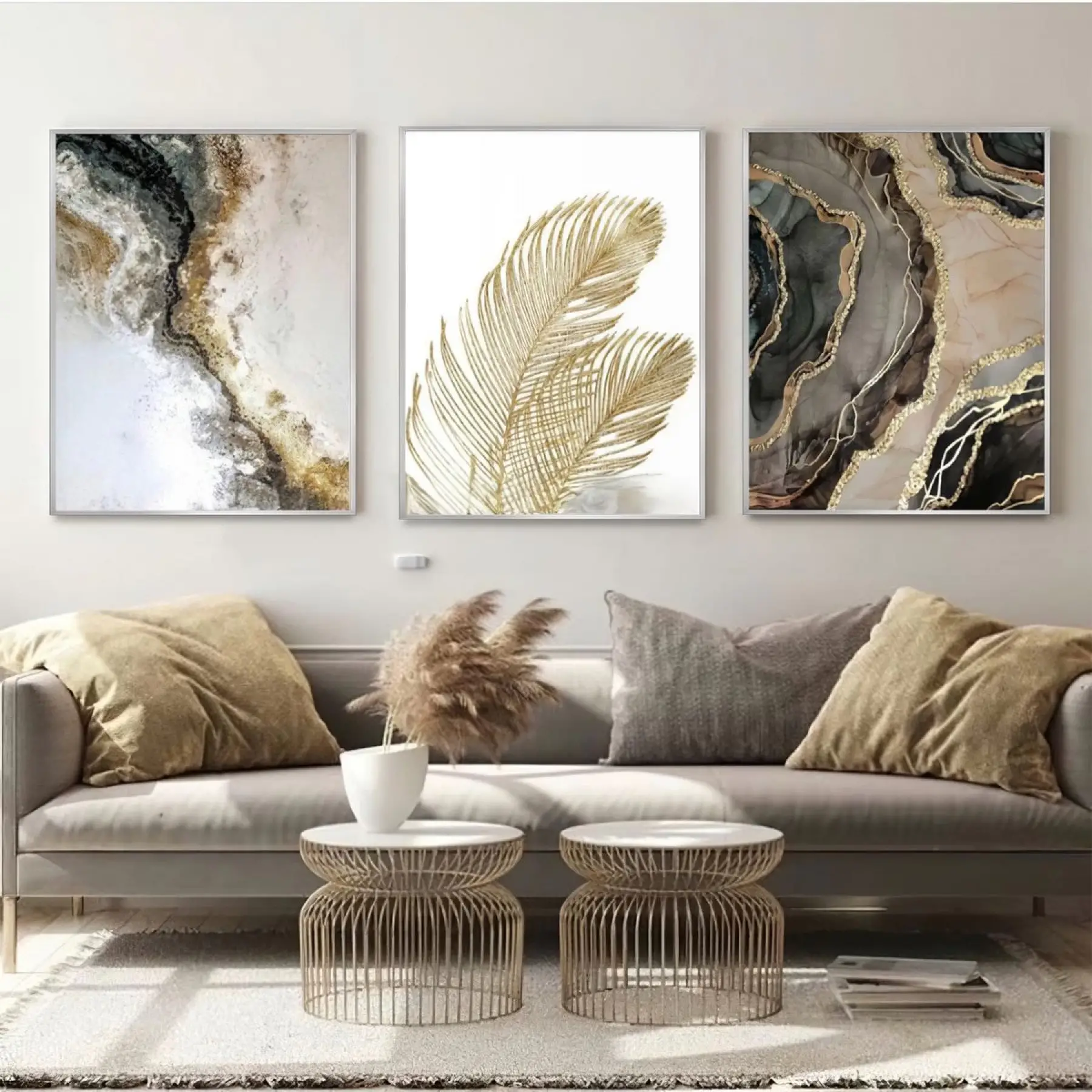 Altın Dokunuş: Doğal Lüks Ve Elegans Metal Çerçeveli Tablo Seti
