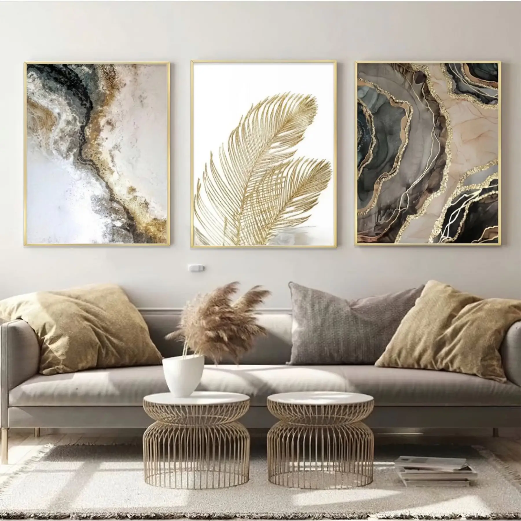 Altın Dokunuş: Doğal Lüks Ve Elegans Metal Çerçeveli Tablo Seti