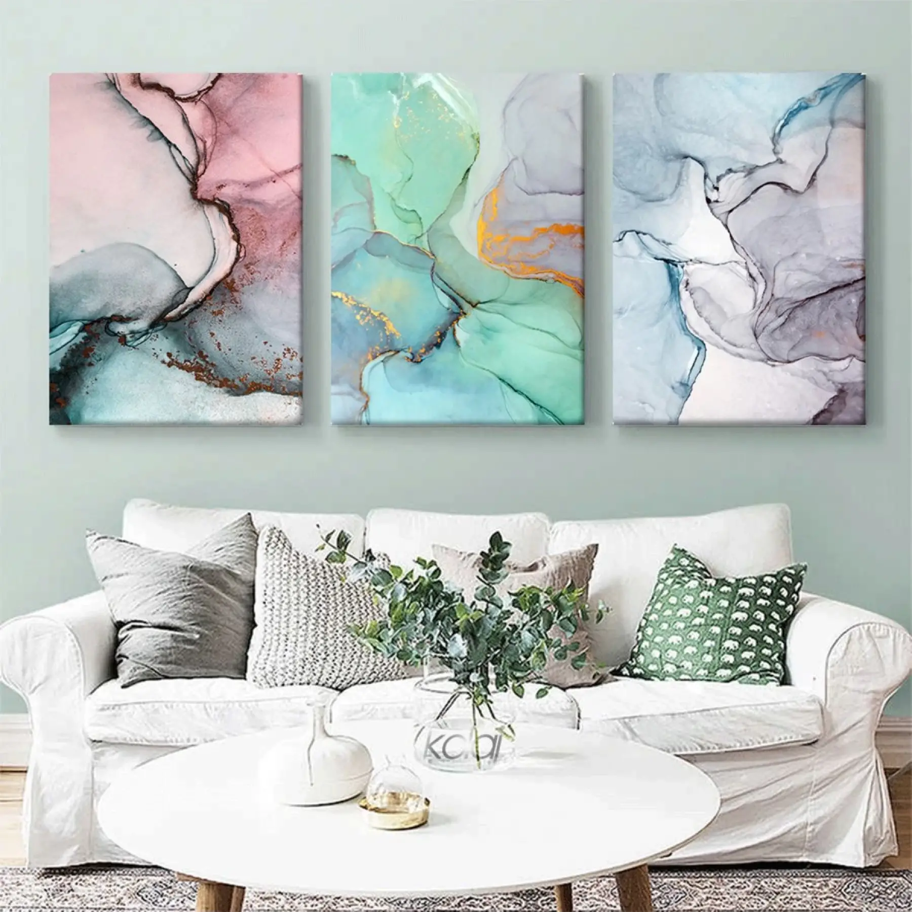 Soyut Mermer Dokulu Dekoratif Üçlü Kanvas Tablo Seti