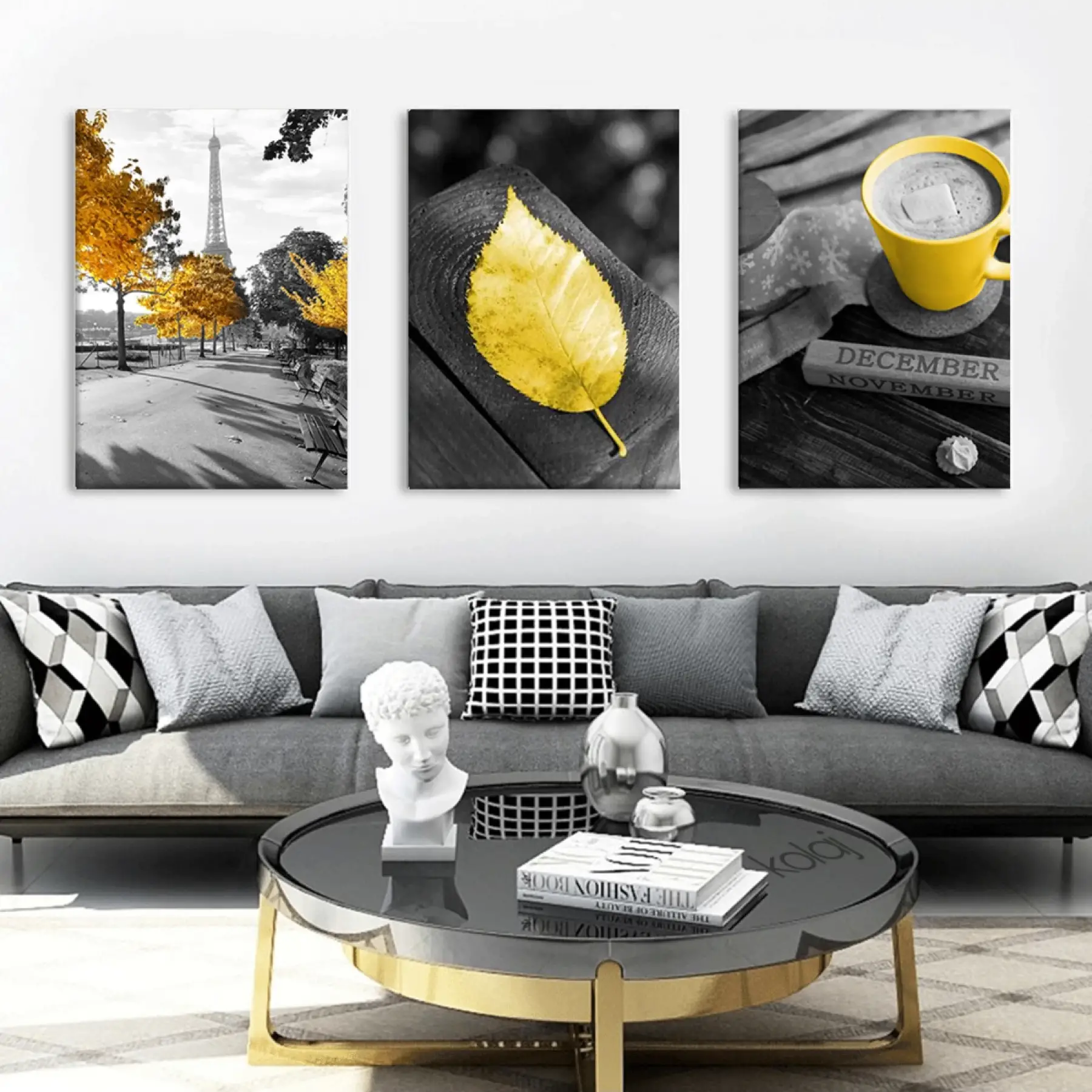 Siyah Beyaz Paris Sarı Retro Tarzı Dekoratif 3lü Kanvas Tablo Seti