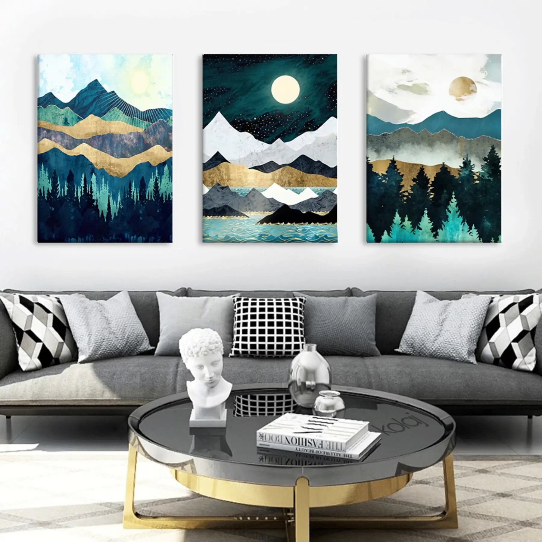 Dokusal Modern Şekiller Doğa Temalı Dekoratif 3lü Set Kanvas Tablo