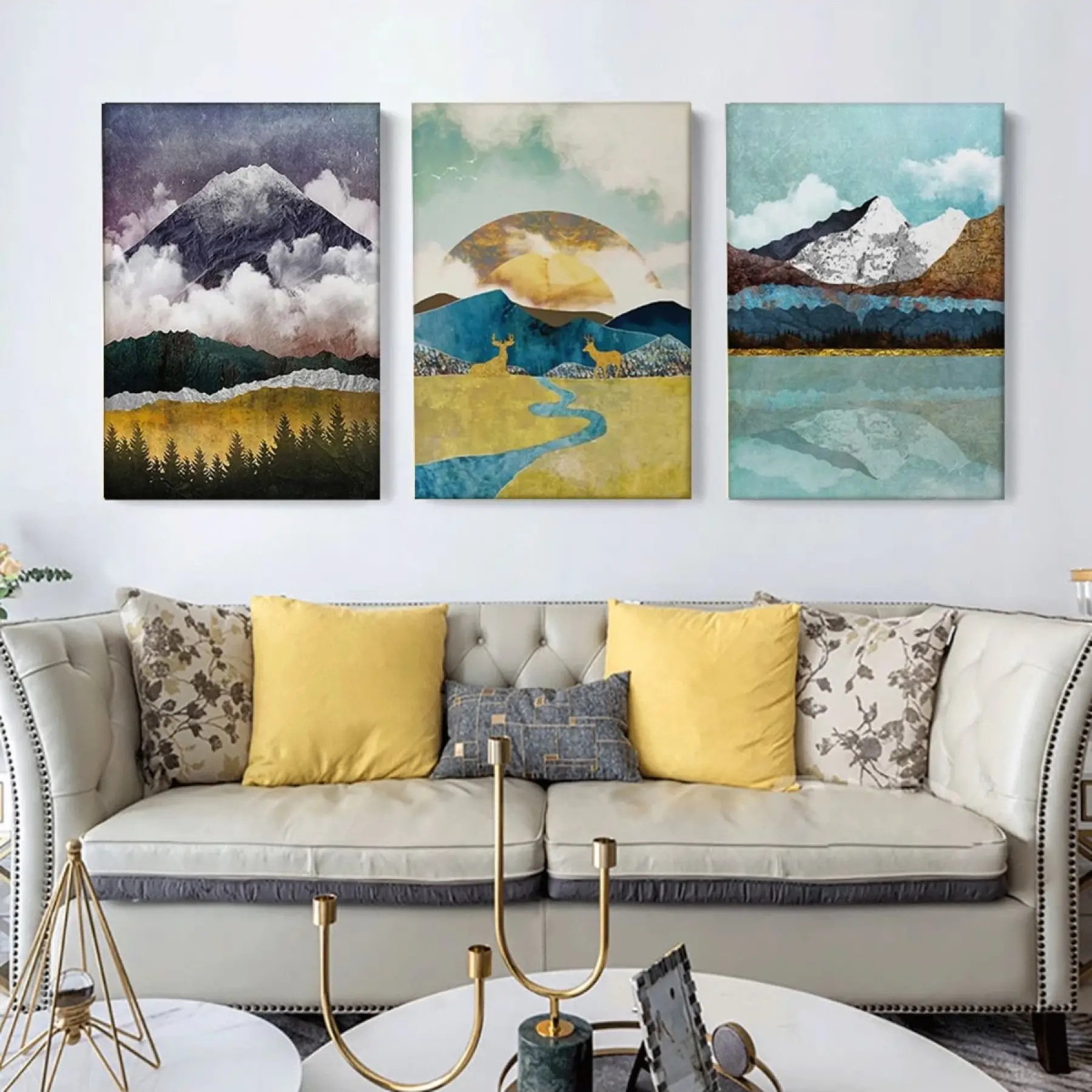 Soyut Gün Doğumu Dekoratif Üç Parçalı Kanvas Tablo Seti